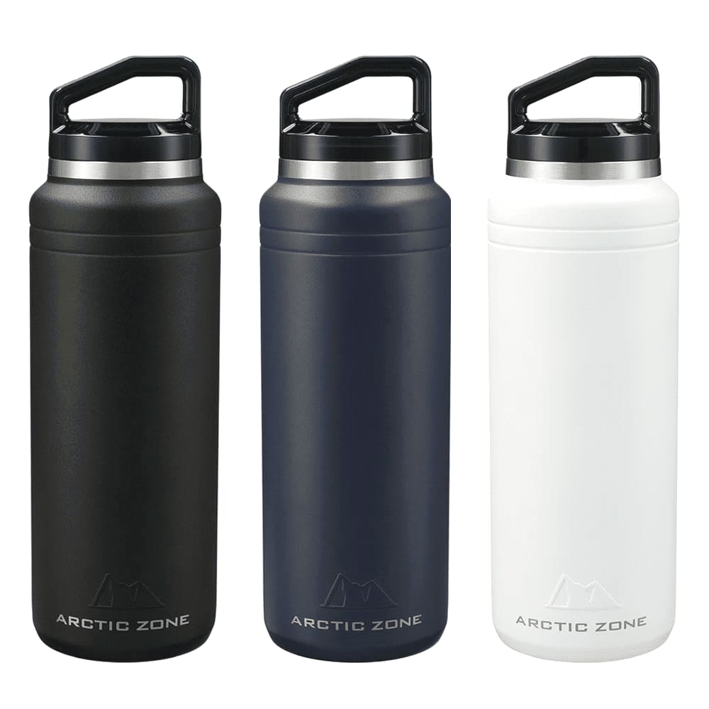 A drink bottle set featuring three colours: black, navy blue, and white, with a handle and branding. Arctic Zone Titan Copper Bottle 1L - Image 1