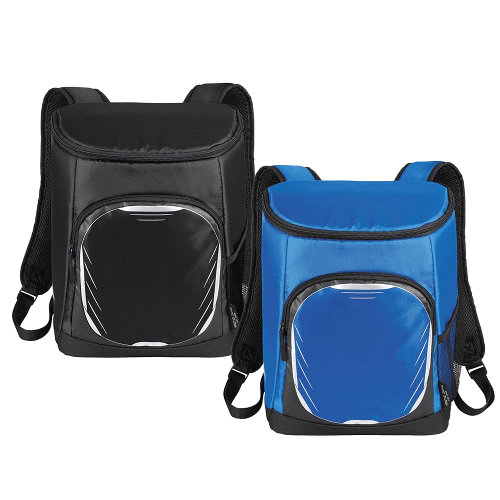 A cooler backpack in black and blue, featuring padded straps and a front pocket with a logo. Arctic Zone 18 Can Cooler Backpack 18L - Image 1