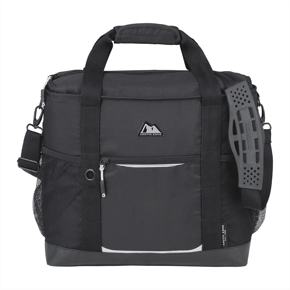 A black cooler bag with a sturdy handle, mesh pockets, and a shoulder strap, featuring a logo on the front. Arctic Zone Crib Cooler 21L - Image 1