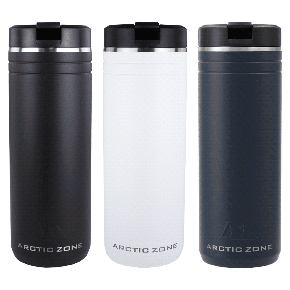 A drink bottle set featuring three colours: black, white, and navy, with a logo and a straw cap design. Arctic Zone Titan Thermal HP Straw Drink Bottle 700ml - Image 1
