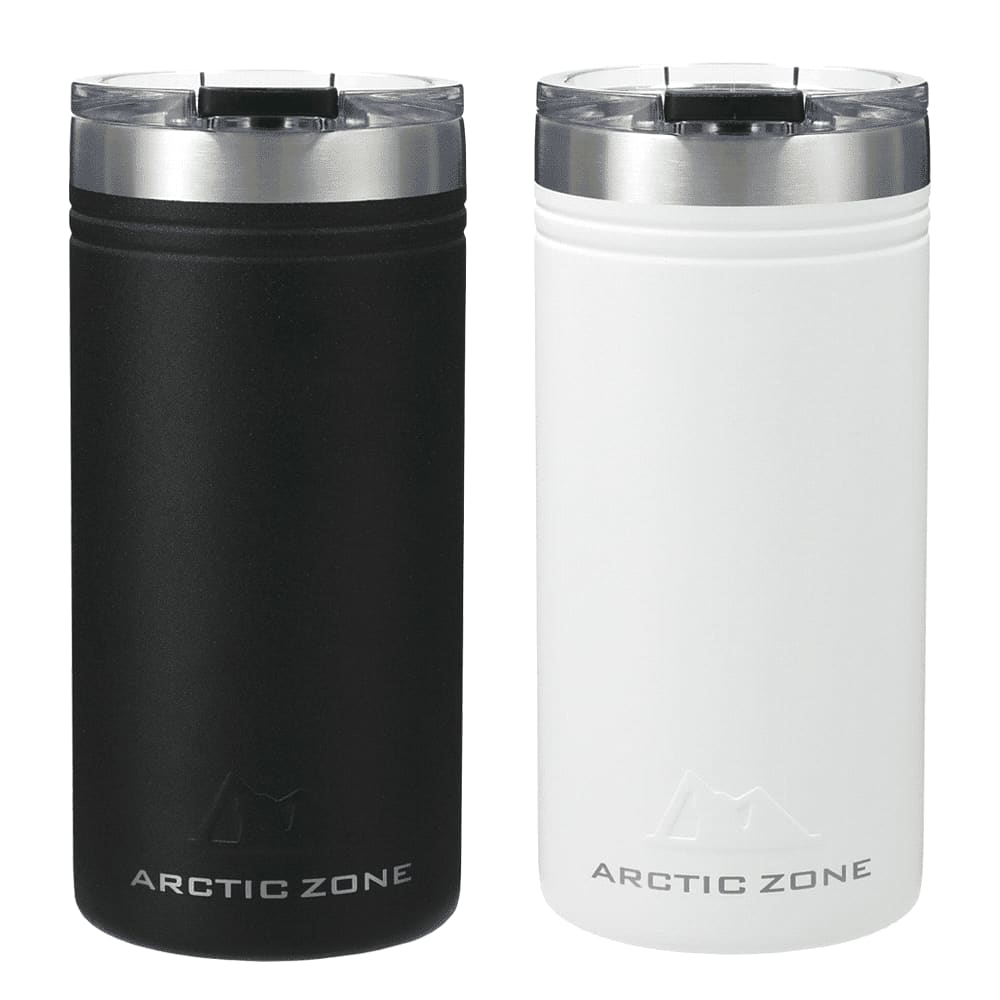 A drink bottle set featuring a black and a white Arctic Zone Titan Thermal HP Slim Cooler with a silver lid. Arctic Zone Titan Thermal HP Slim Cooler 350ml - Image 1