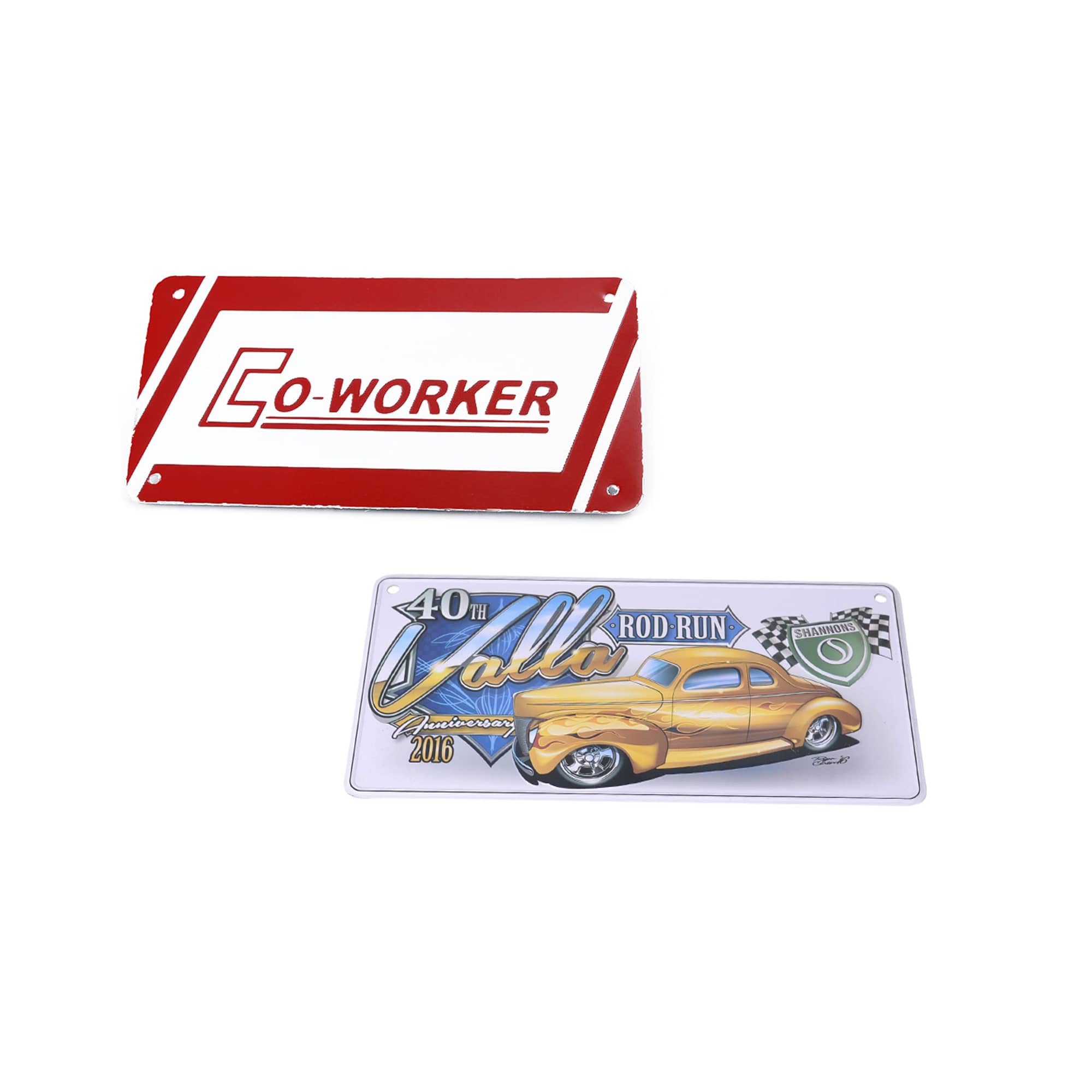 A red and white licence plate with "CO-WORKER" and a graphic of a yellow vintage car for a rod run event. Licence Plate - Image 1