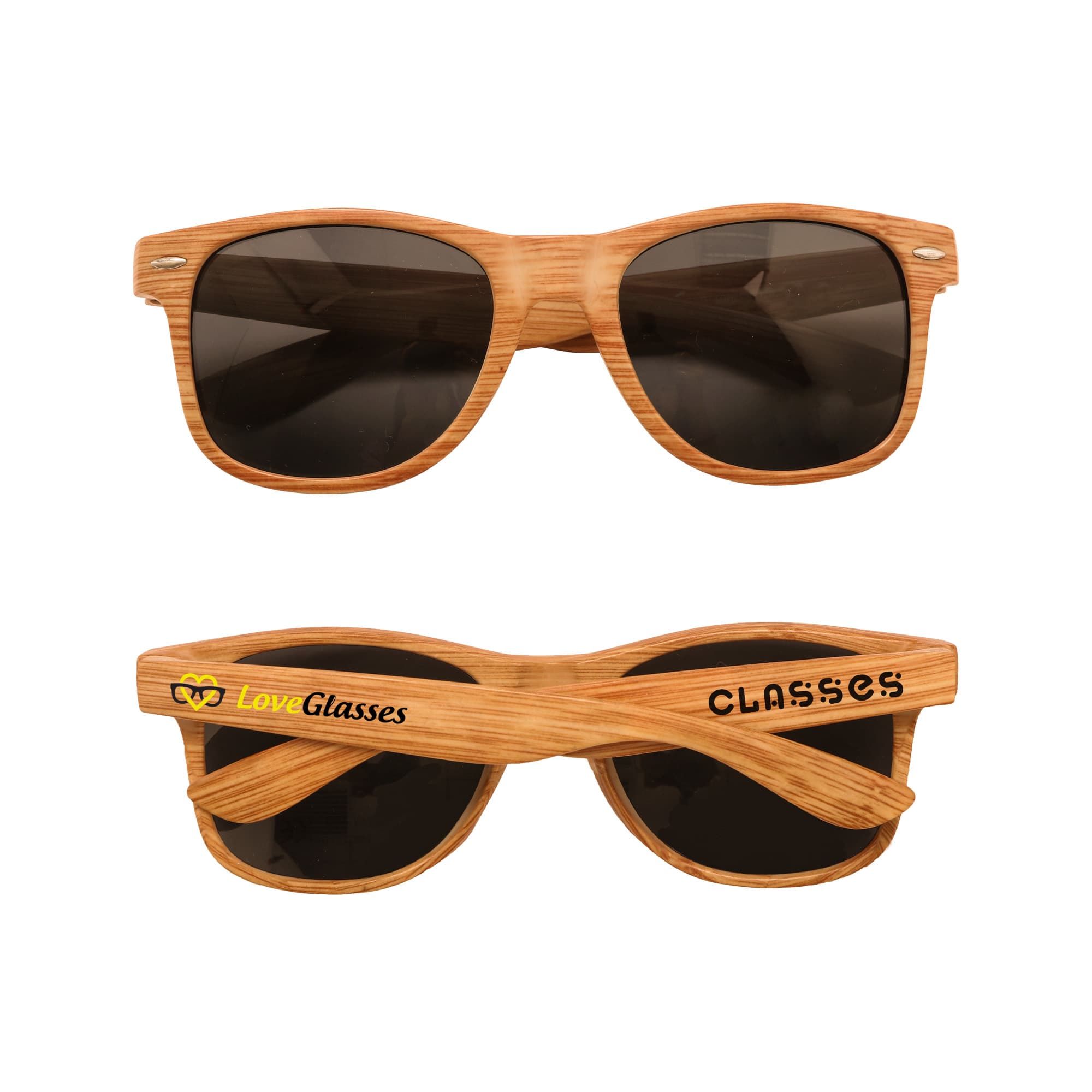 Wooden sunglasses in a light brown finish with dark lenses and a logo on the side. Wooden Sunglasses - Image 1