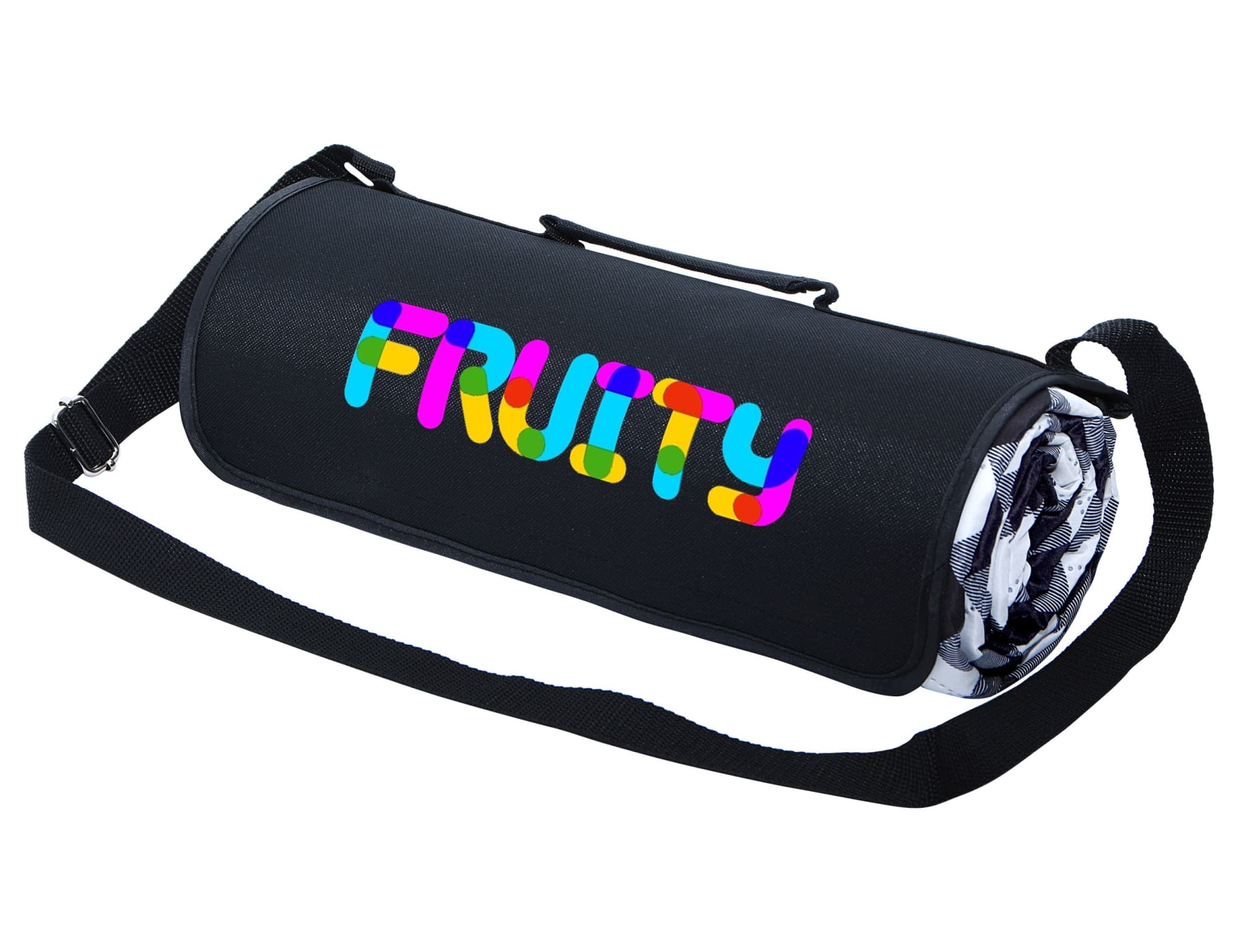 A black picnic rug rolled up with a colourful logo and an adjustable strap for easy carrying. Salento Picnic Rug - Large - Image 1
