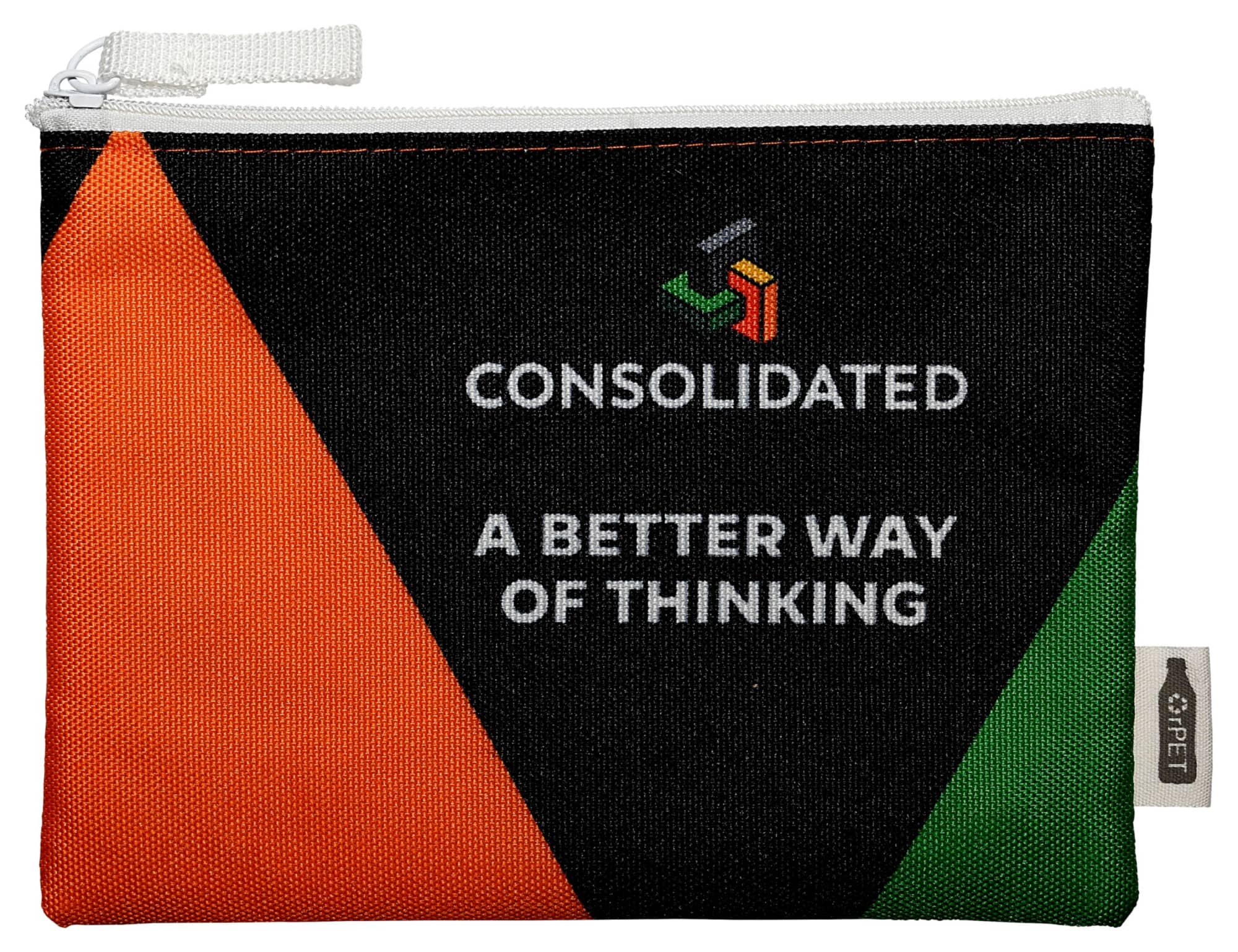 A toiletry pouch featuring a bold geometric design in black, orange, and green, with a zipper and branding logo. Spectra rPET pouch 12.5cm x 17cm - Image 1