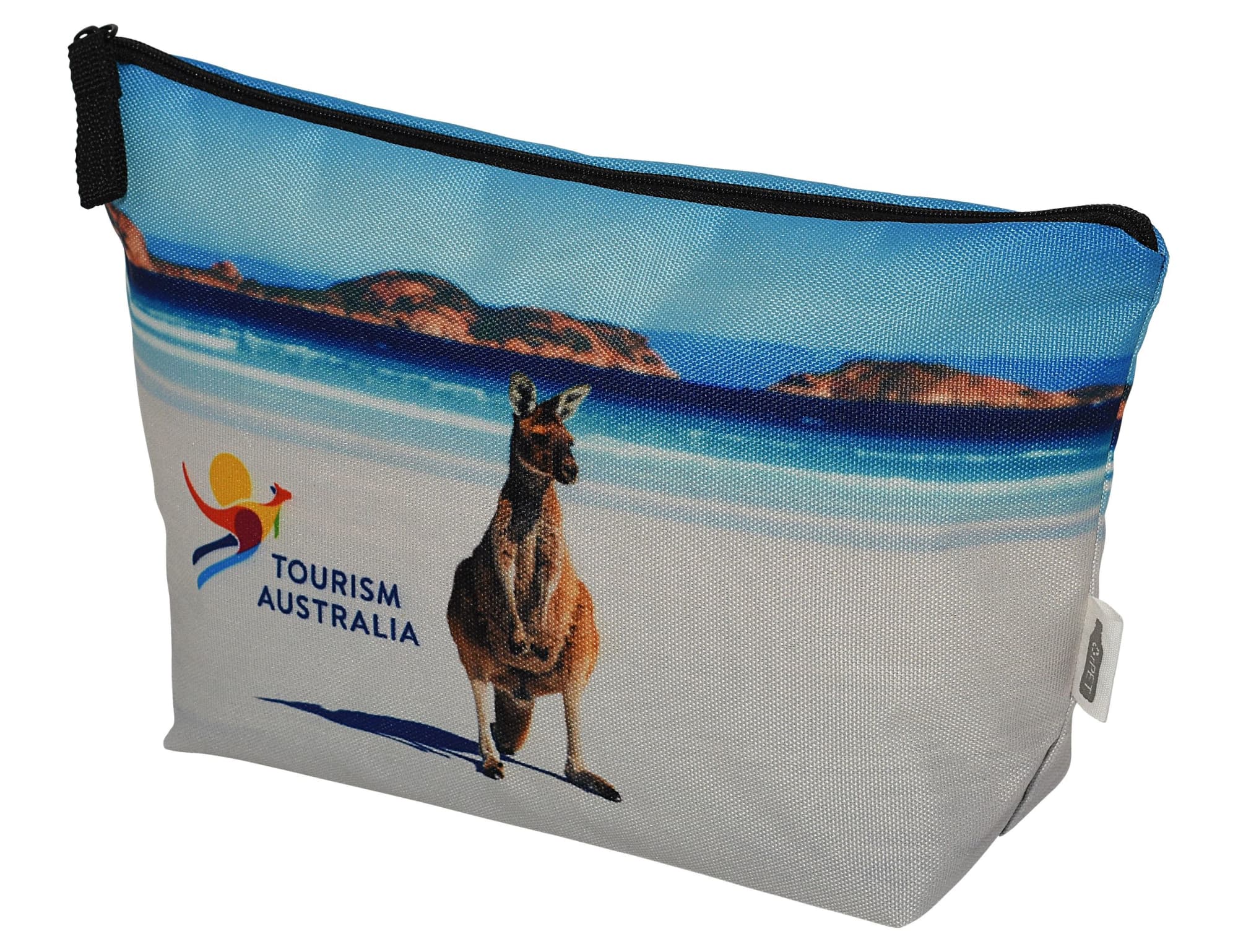 A toiletry bag featuring a kangaroo on a beach backdrop, with a blue and white colour scheme and a logo. Spectra rPET Toiletry/Makeup Bag 17cm x 27cm x 8.5cm - Image 1