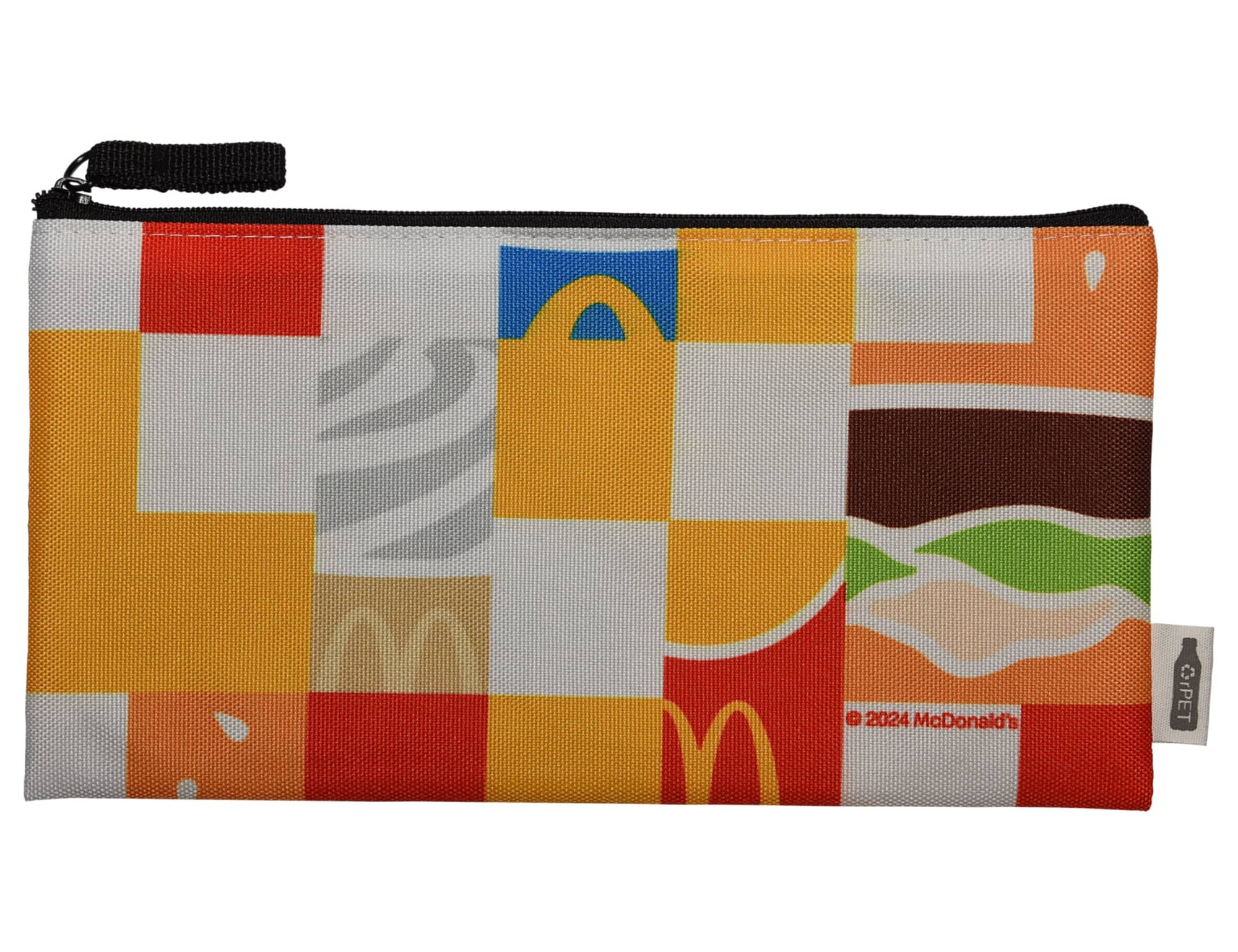 A colourful pouch featuring various block patterns, including iconic food motifs and a logo, with a black zipper. Spectra rPET Pouch 12.5cm x 24.5cm - Image 1