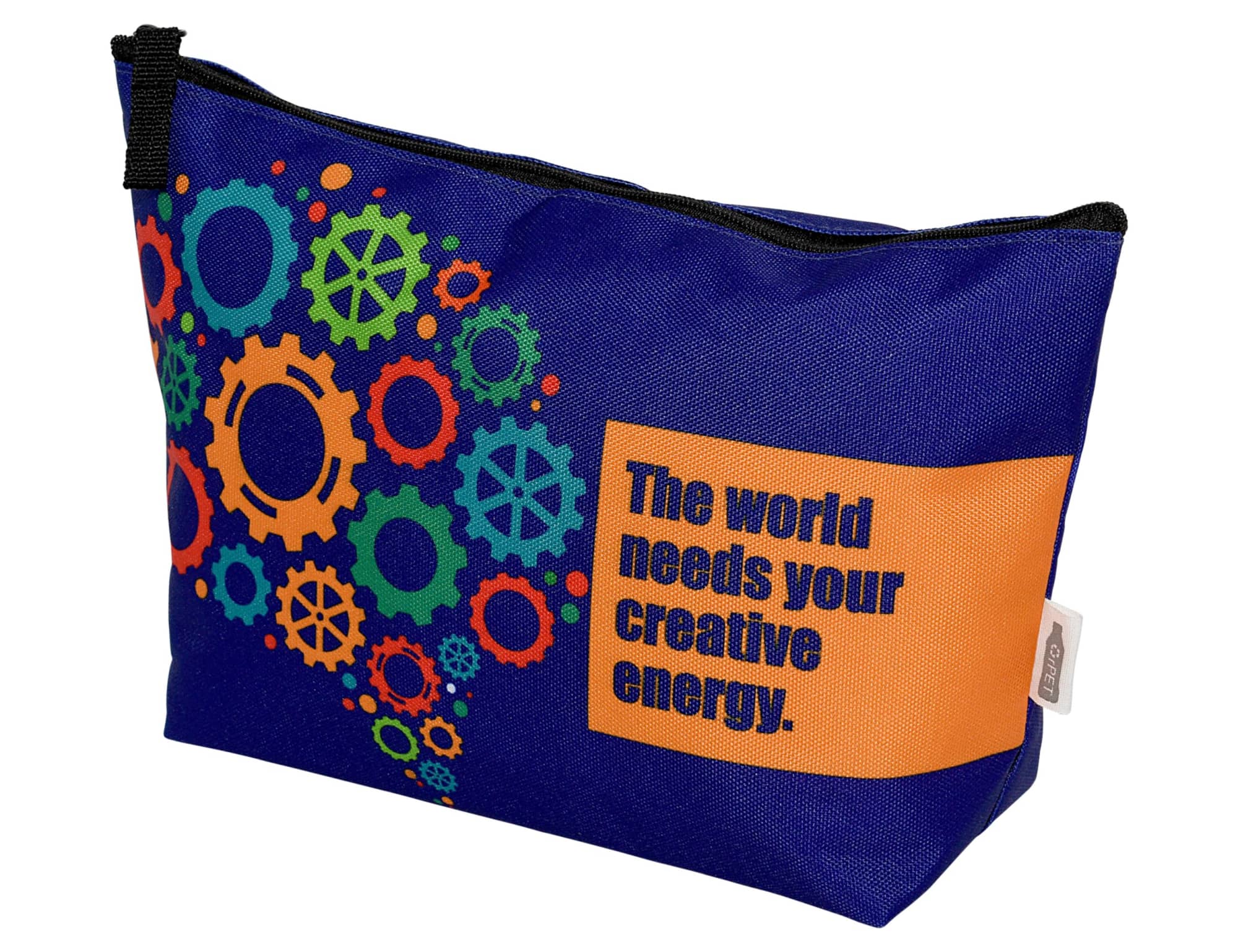 A blue pouch featuring colourful gear designs and a vibrant orange section. It has a zip closure and a logo. Spectra rPET Pouch 17cm x 27cm x 8.5cm - Image 1