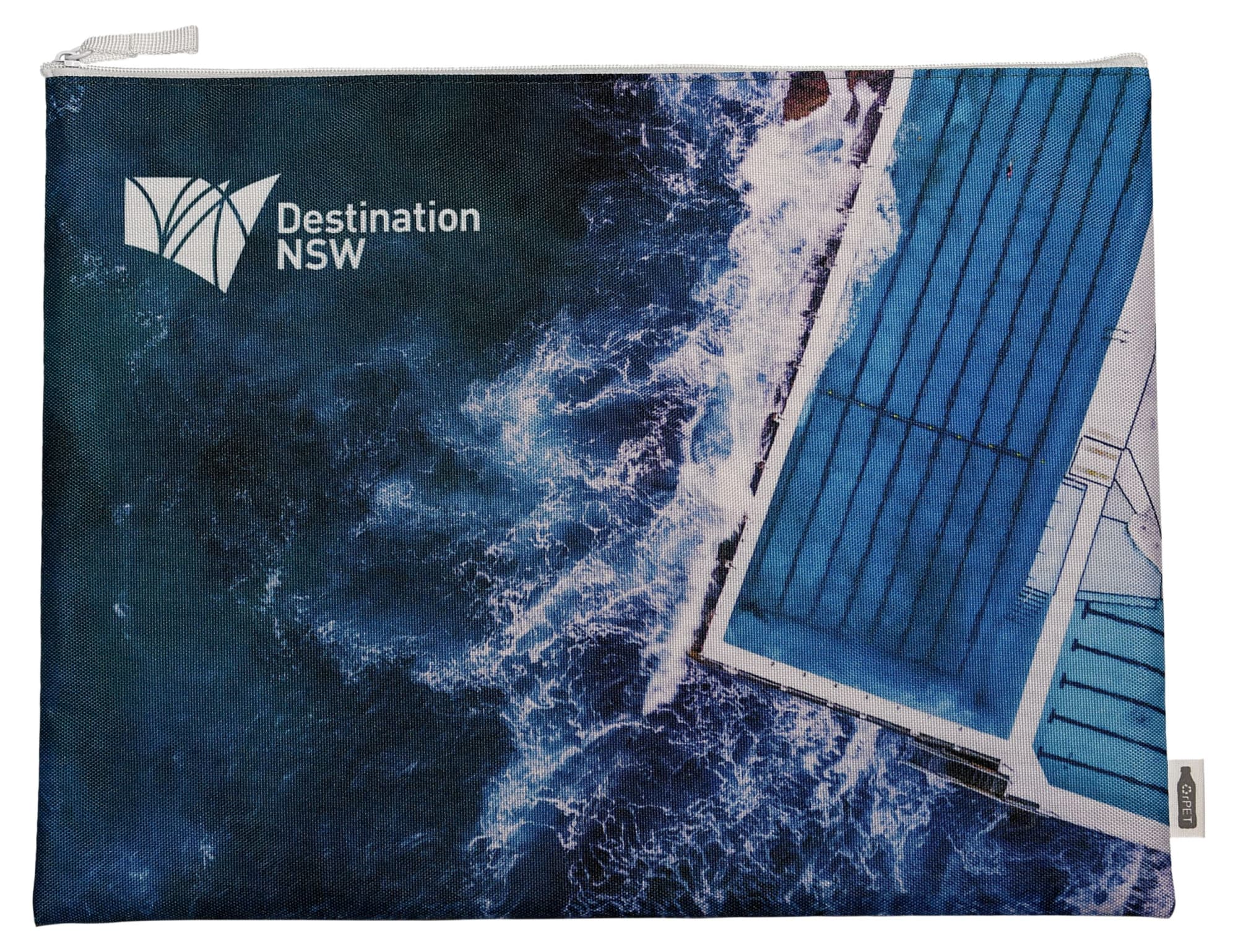 A zippered bag featuring a blue ocean wave design, with an aerial view of a swimming pool and a logo. Spectra rPET Conference Bag 28cm x 37cm - Image 1