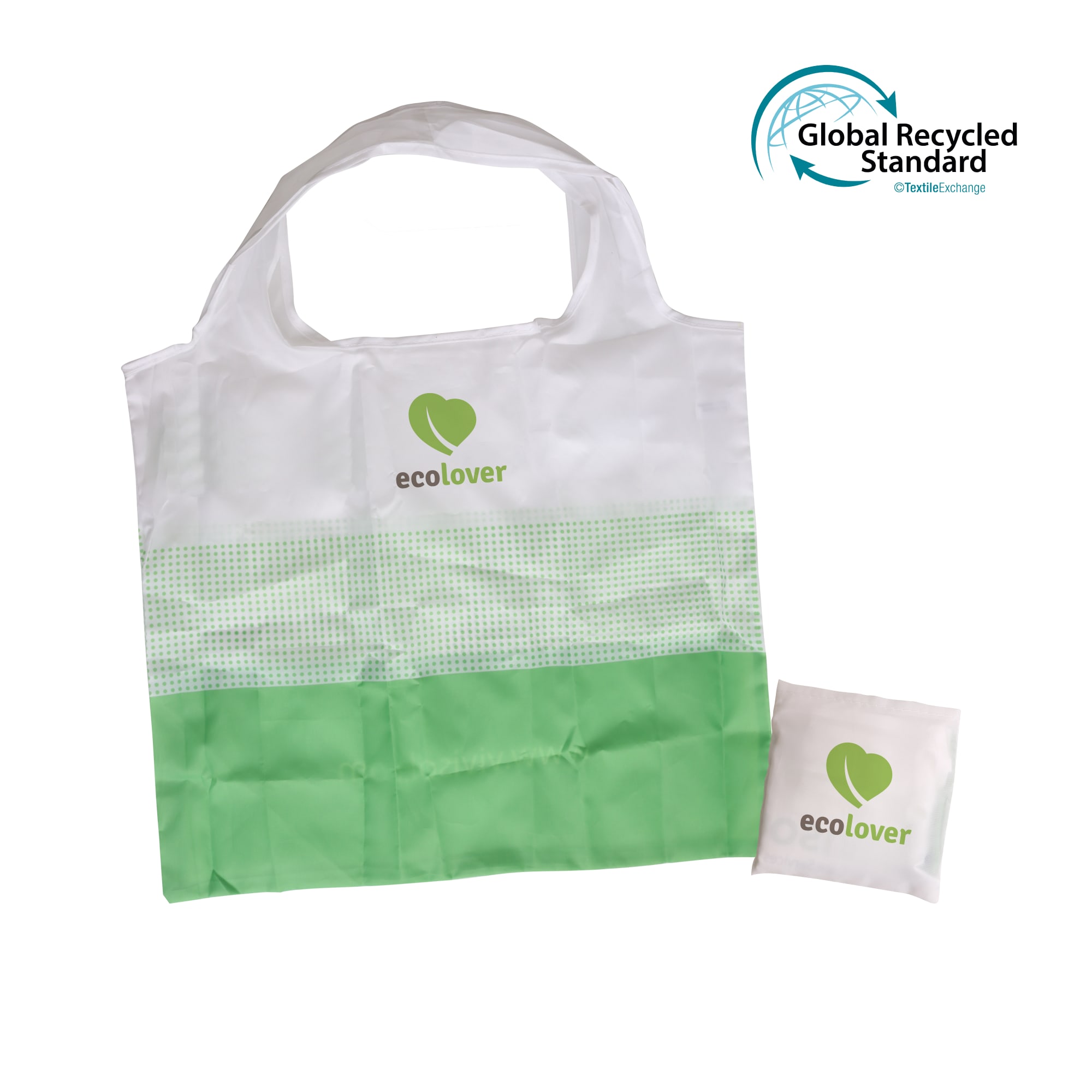 A foldable shopping bag in white and green with a branding logo, accompanied by a compact storage pouch. RPET Foldable Shopping Bag - Image 1