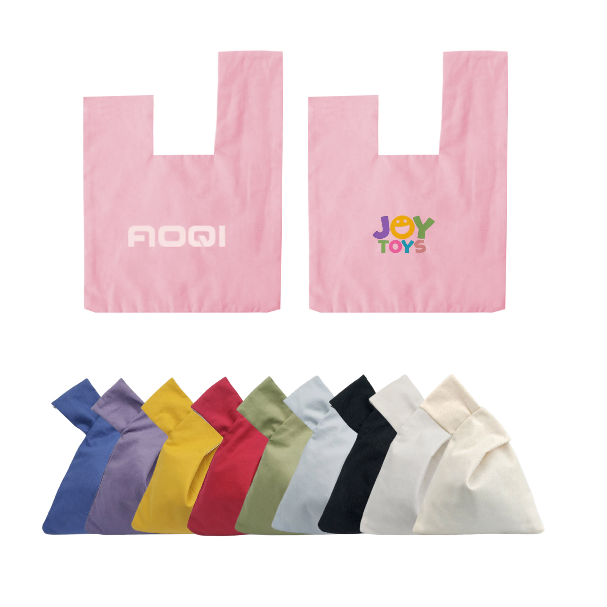 A cotton wrist bag in pink with a logo, alongside bags in various colours including yellow, green, purple, and blue. Cotton Wrist Bag - Image 1