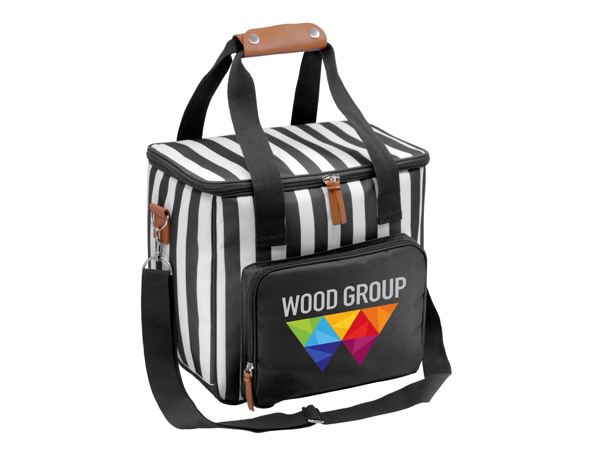 A black and white striped cooler bag with a front zip pocket and a logo. It features sturdy handles and a shoulder strap. Ascot Jumbo Cooler, Black - Image 1
