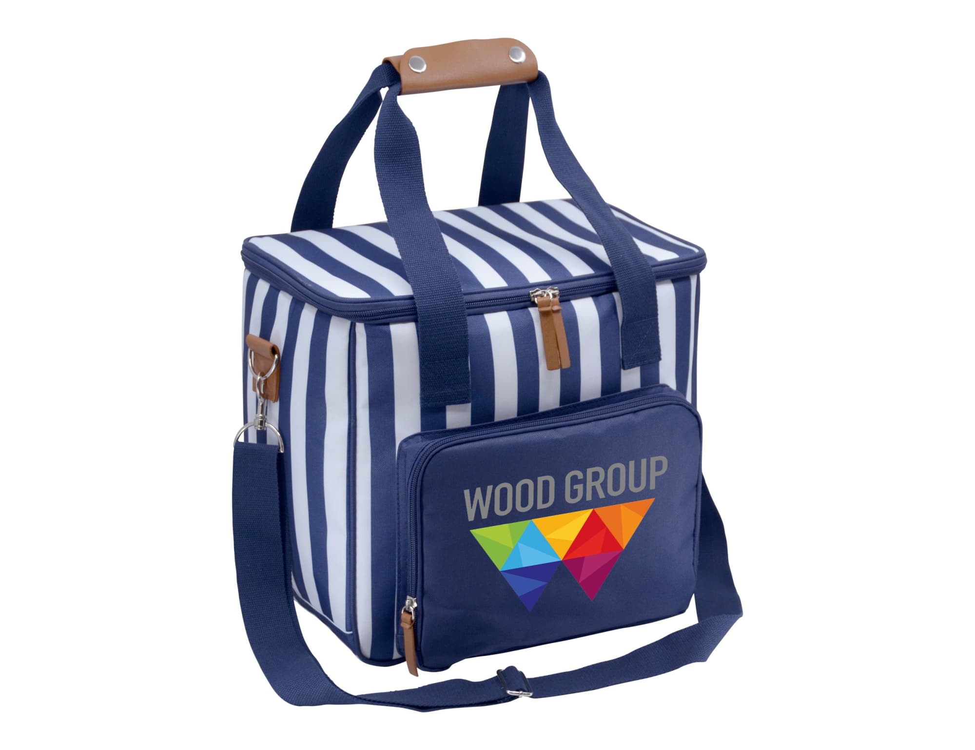 A navy cooler bag with white stripes, featuring a side pocket and a logo on the front. Ascot Jumbo Cooler, Navy - Image 1