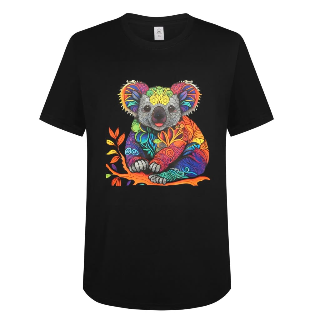 A black t-shirt featuring a colourful, artistic koala design on the front. A black t-shirt featuring a colourful, artistic koala design on the front.