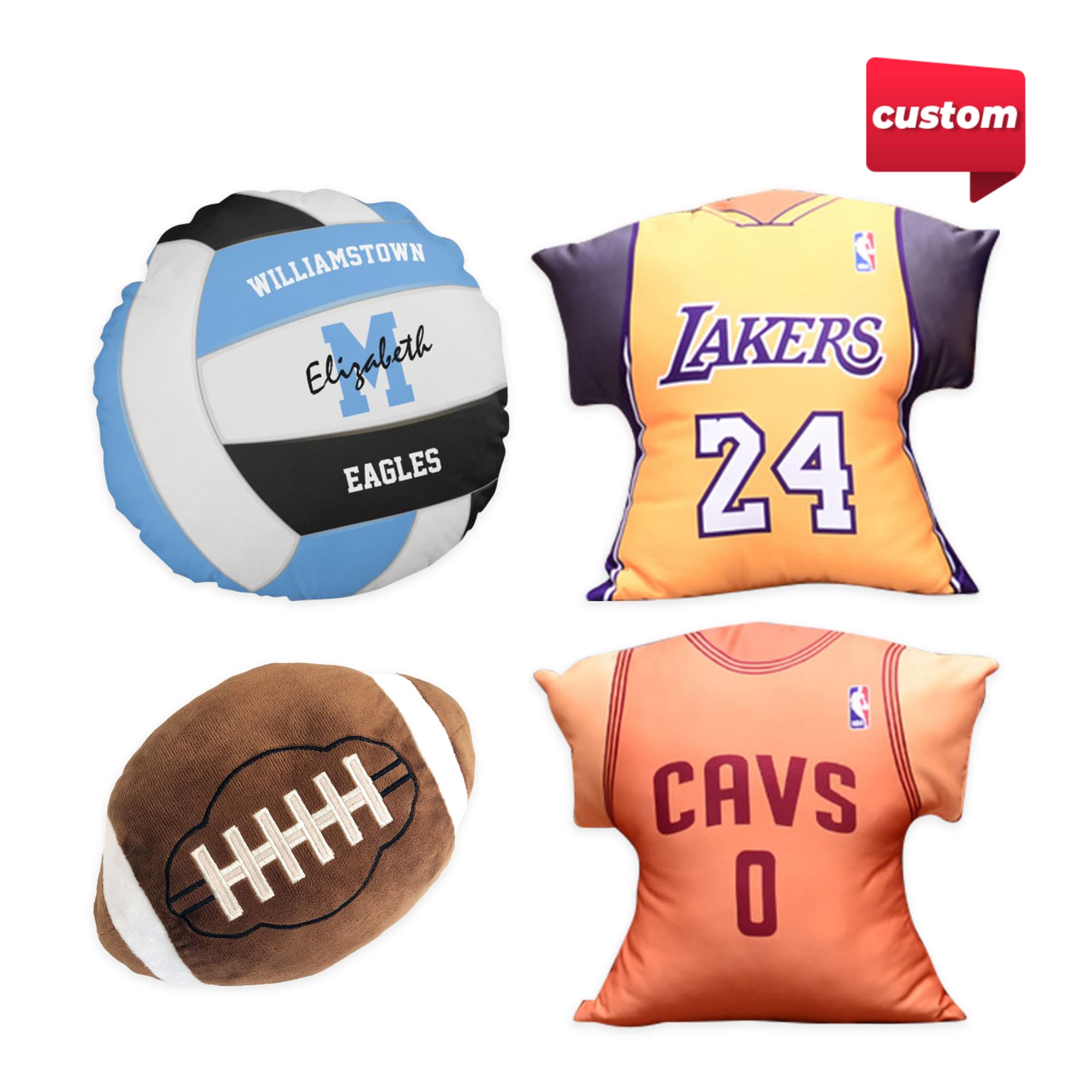 A collection of custom pillows in various shapes and colours, including a volleyball, basketball jersey, and football design. Custom Pillow (45cm) - Image 1