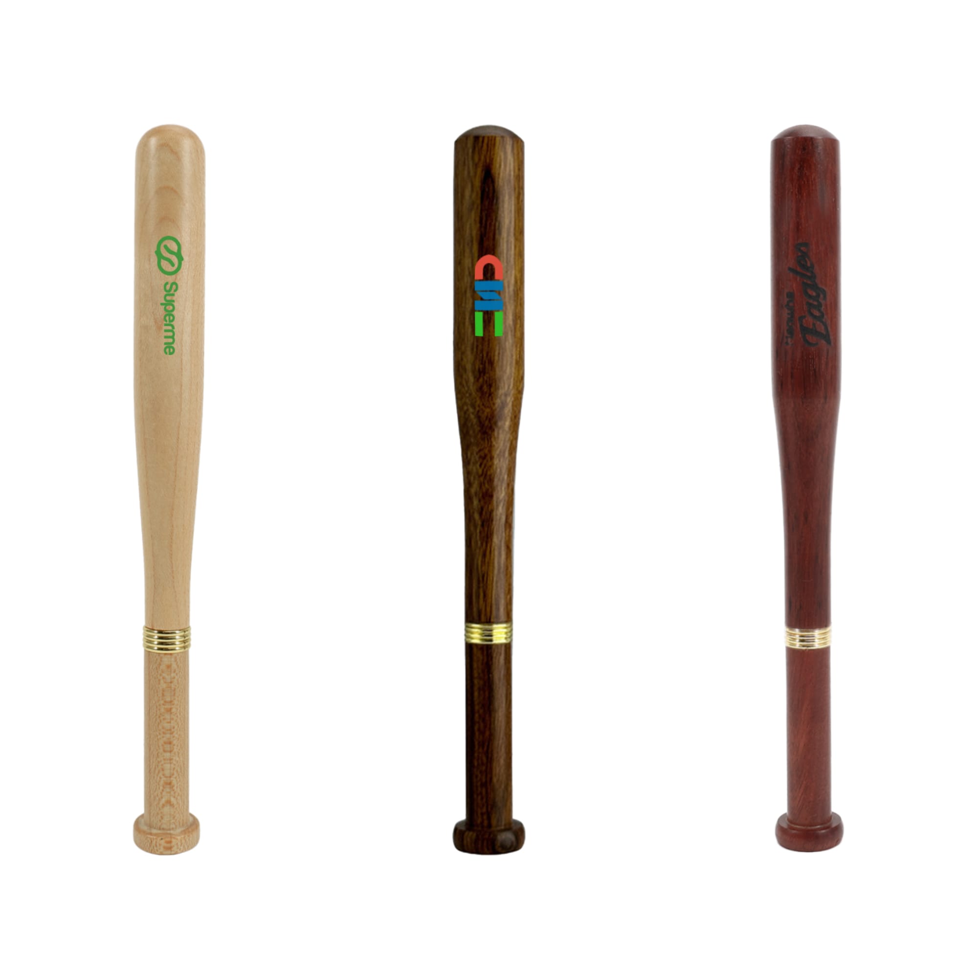 A baseball bat-shaped pen in wood tones, featuring different logos and finishes, including natural and dark hues. Commercial Baseball Bat Shape Pen - Image 1