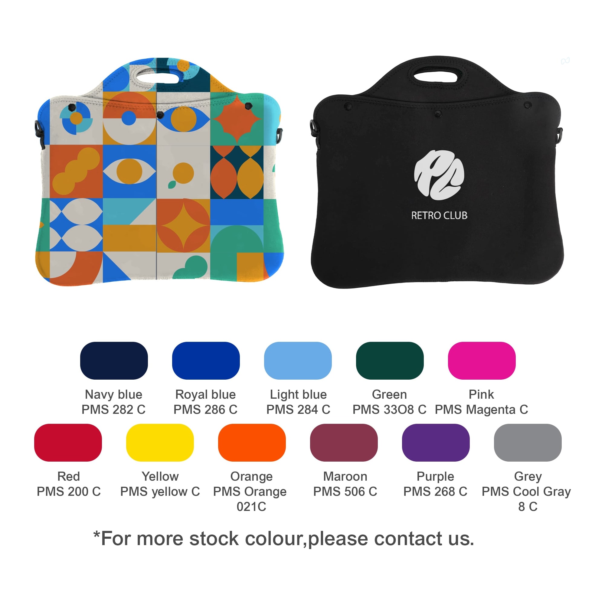 A laptop bag featuring a colorful geometric design on one side and a solid black reverse side, with a handle and a logo. Laptop Bag with Handle - Image 1