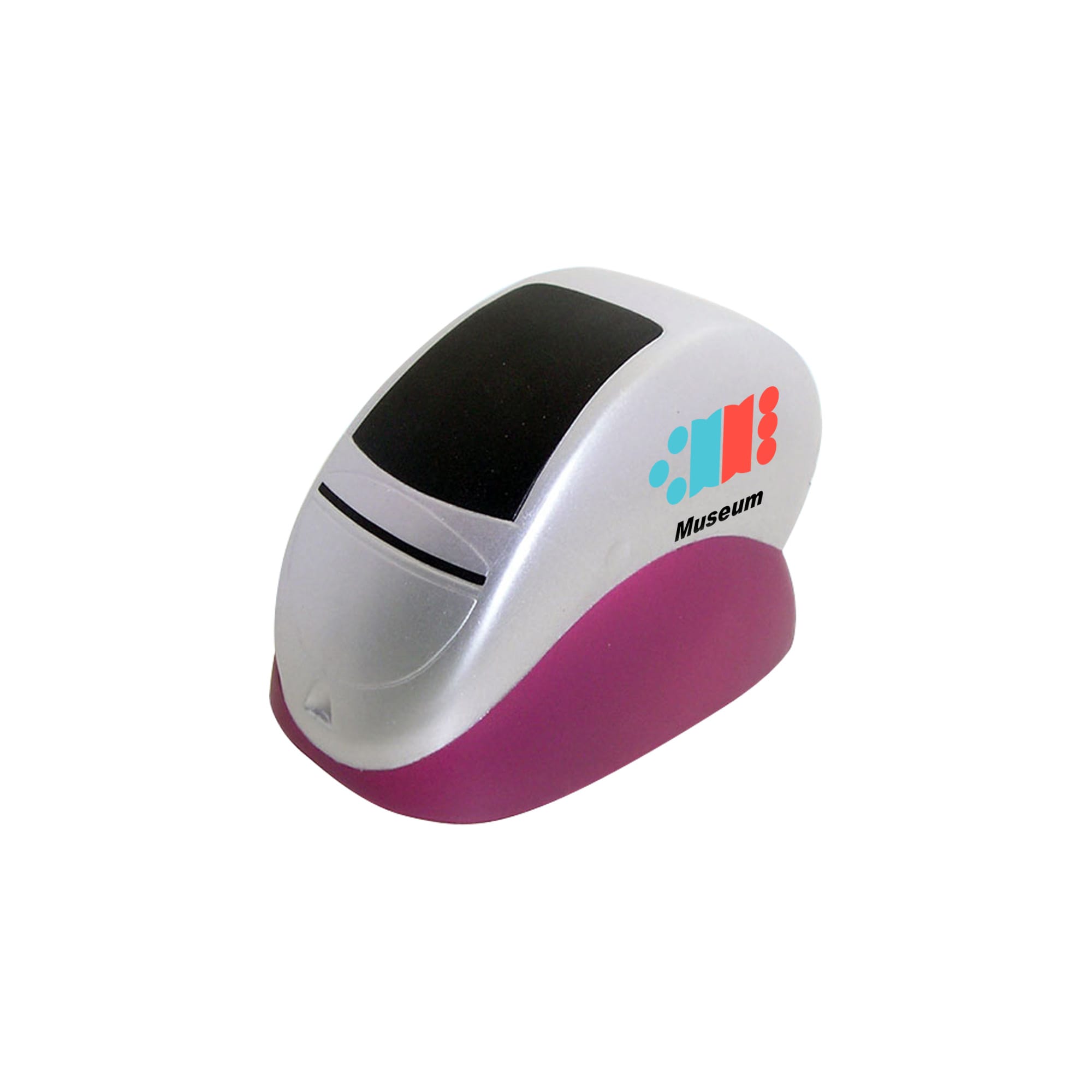 A stress reliever shaped like a stapler, featuring a purple base and a silver top, with a logo on the side. Paster Machine Shape Stress Reliever - Image 1