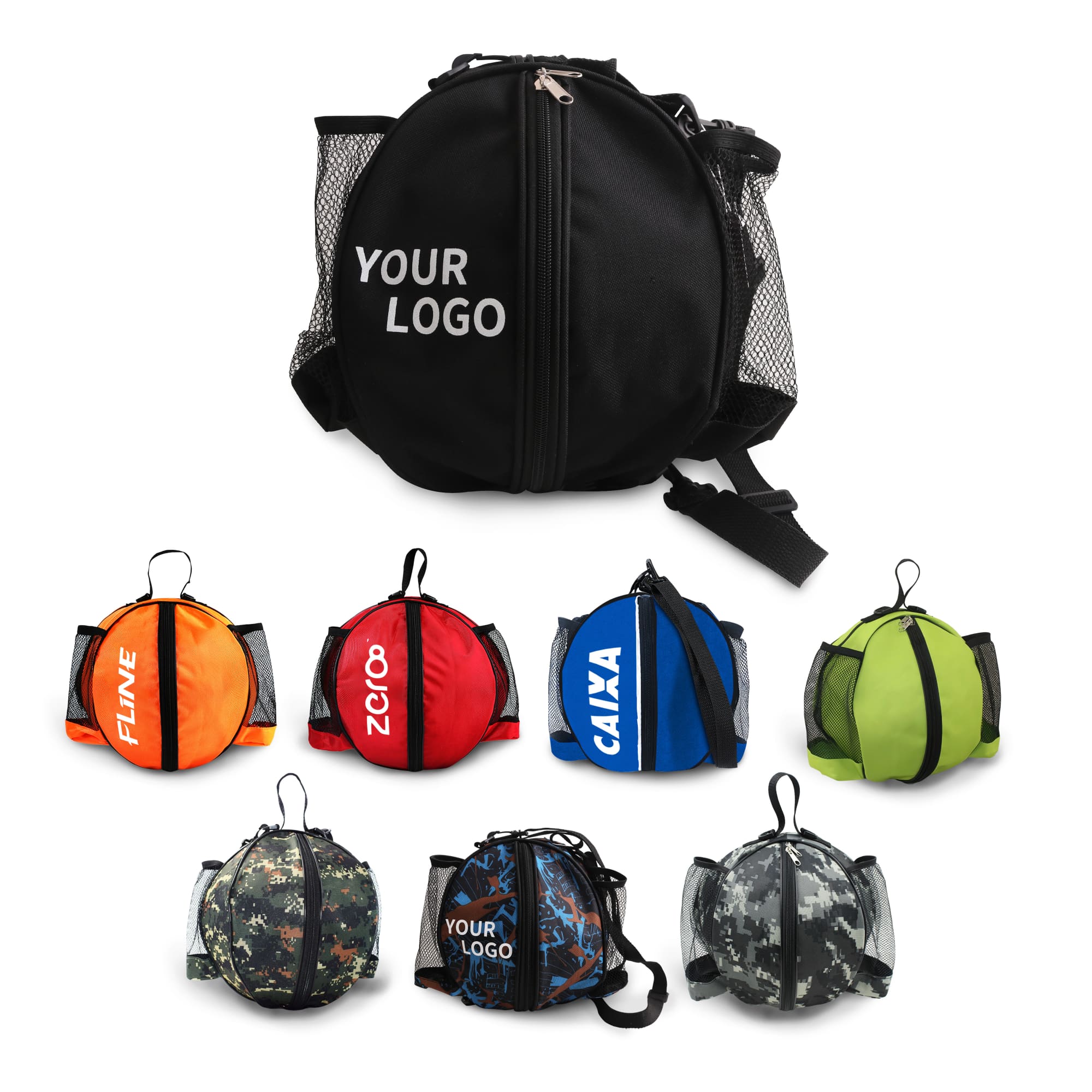 A round backpack with mesh side pockets, available in black, orange, red, blue, green, and camo designs. Ball Backpack - Image 1