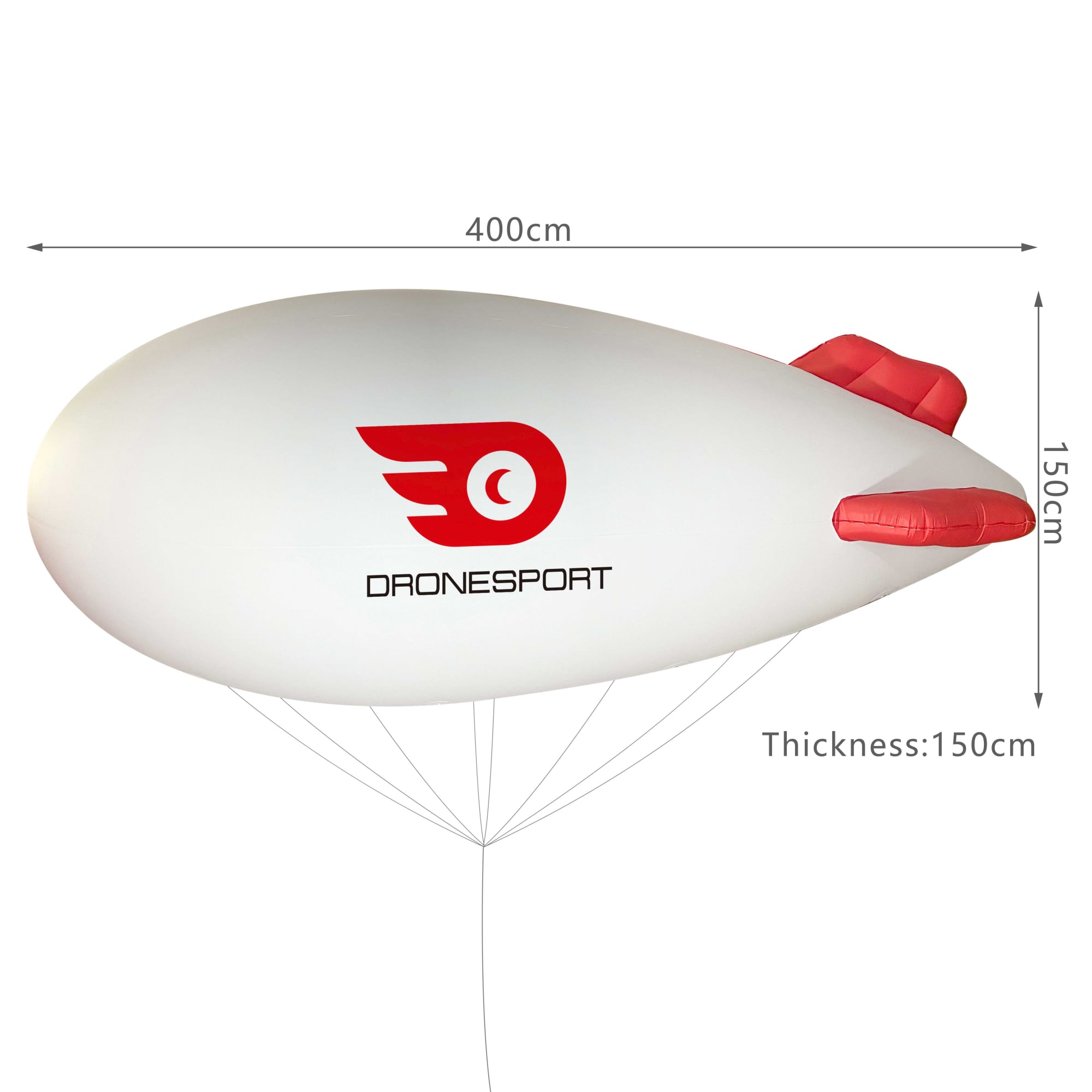 An inflatable blimp in white and red, featuring a logo, measuring 400cm long and 150cm wide. Inflatable Blimp - Image 1