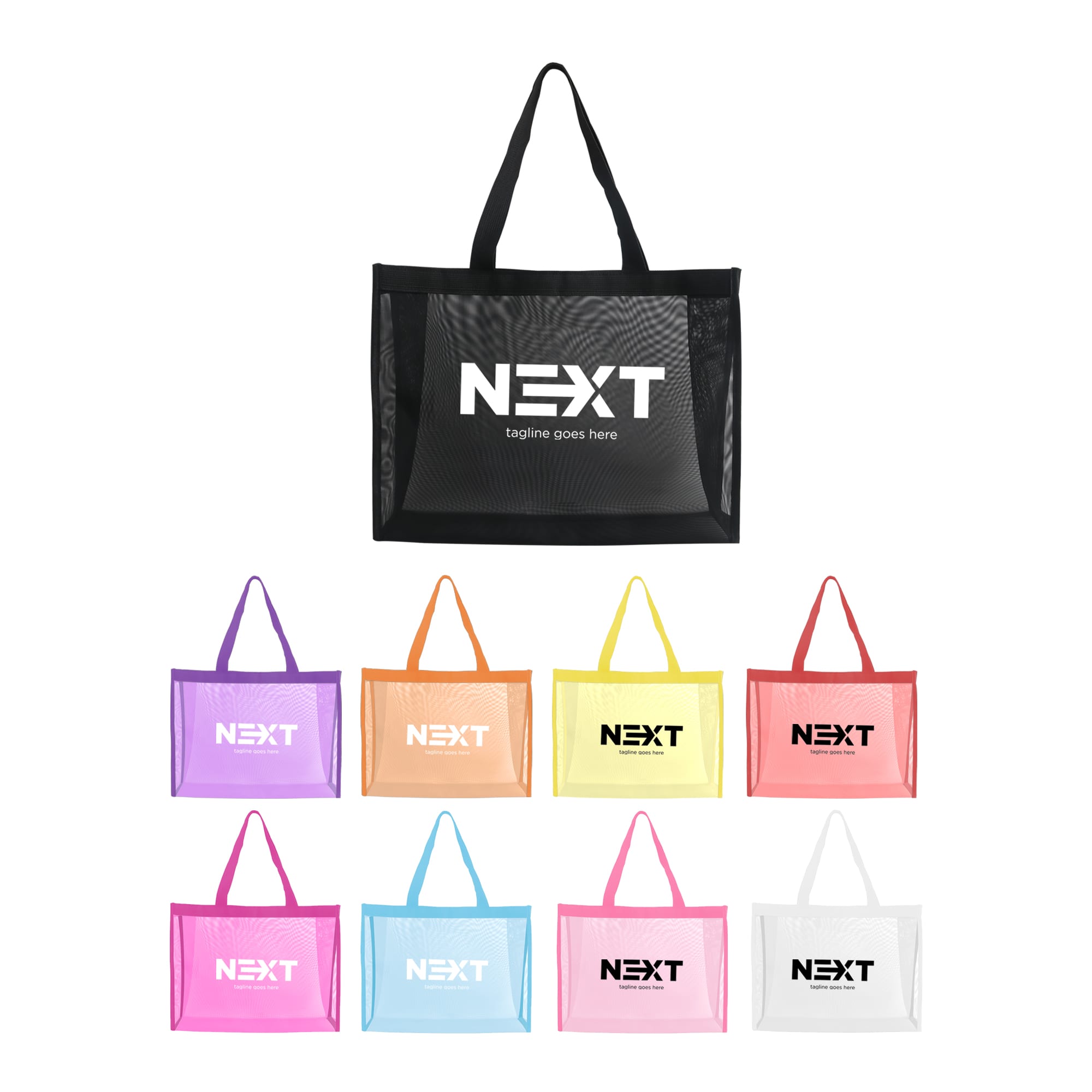 A black transparent mesh tote bag with a logo, surrounded by tote bags in purple, pink, yellow, and orange. Transparent Mesh Tote Bag - Image 1