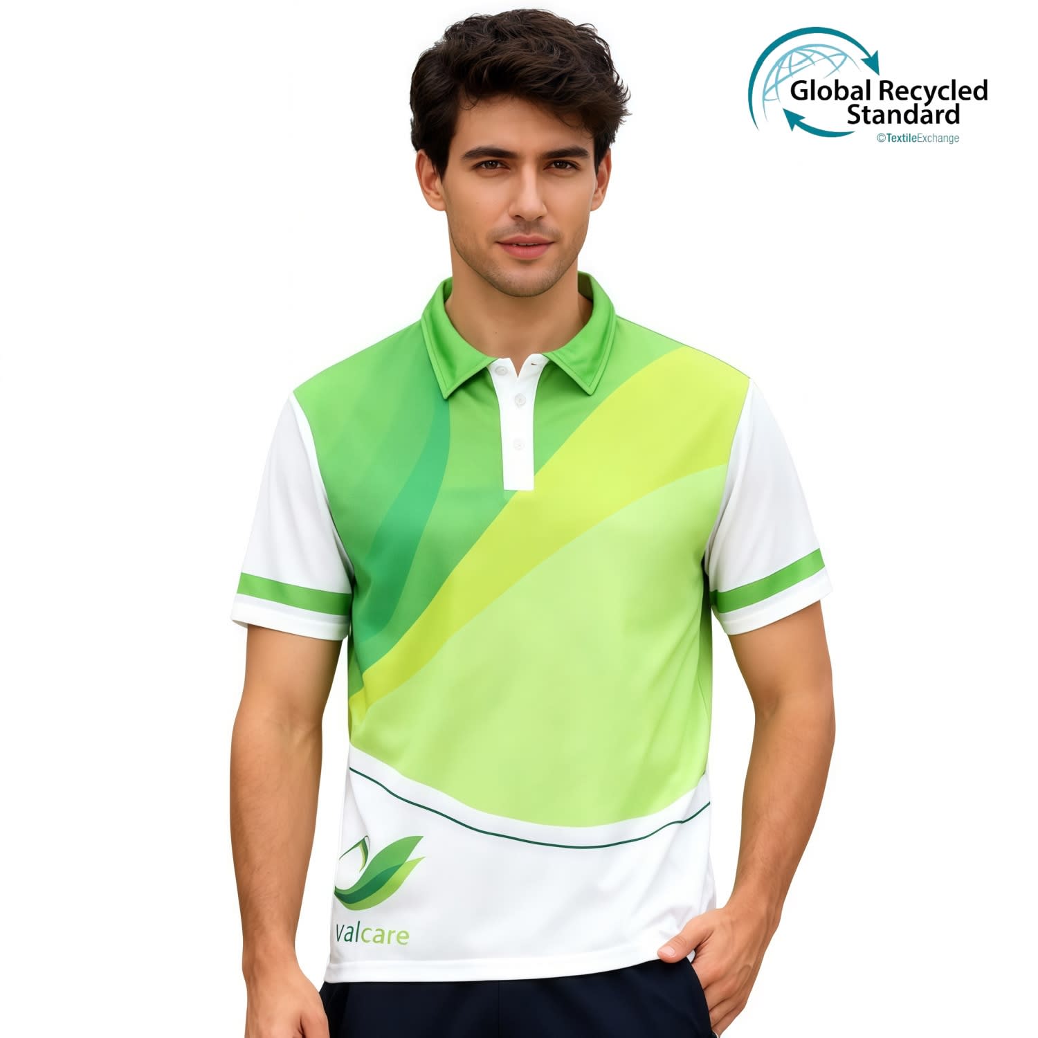 A green and white unisex polo shirt featuring a logo and design elements, made from recycled materials. Unisex Adults RPET Sublimated Basic POLO - Image 1