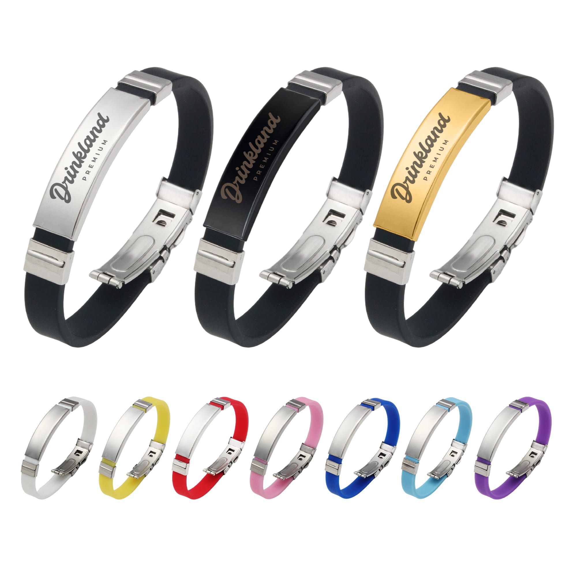 A set of metal folding lock clasp bangles in silver, black, gold, yellow, pink, blue, and purple. Each has a logo. Colour Metal Folding Lock Clasp Bangle - Image 1