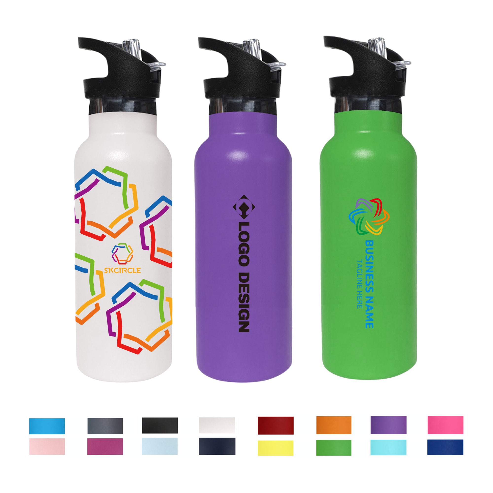 A drink bottle collection featuring white, purple, and pink bottles with flip valve lids and various logos. 600ml Double Wall Vacuum Bottle with Flip Valve Lid - Image 1
