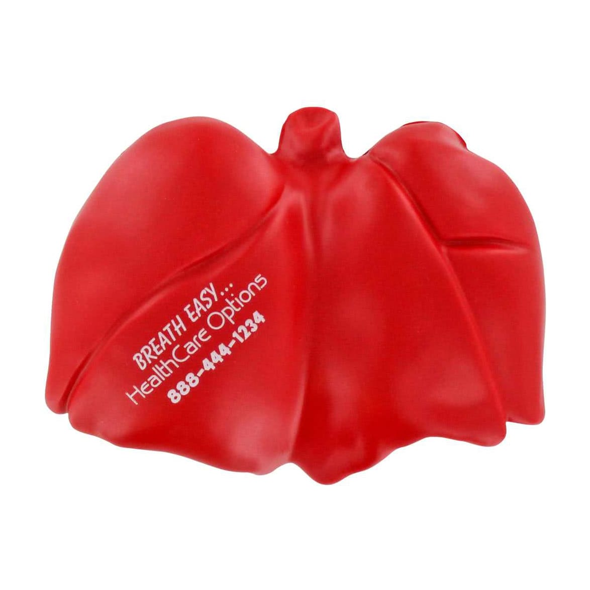 A red lung-shaped stress reliever with a logo, featuring a smooth surface and curved edges. Lung Shape Stress Reliever - Image 1