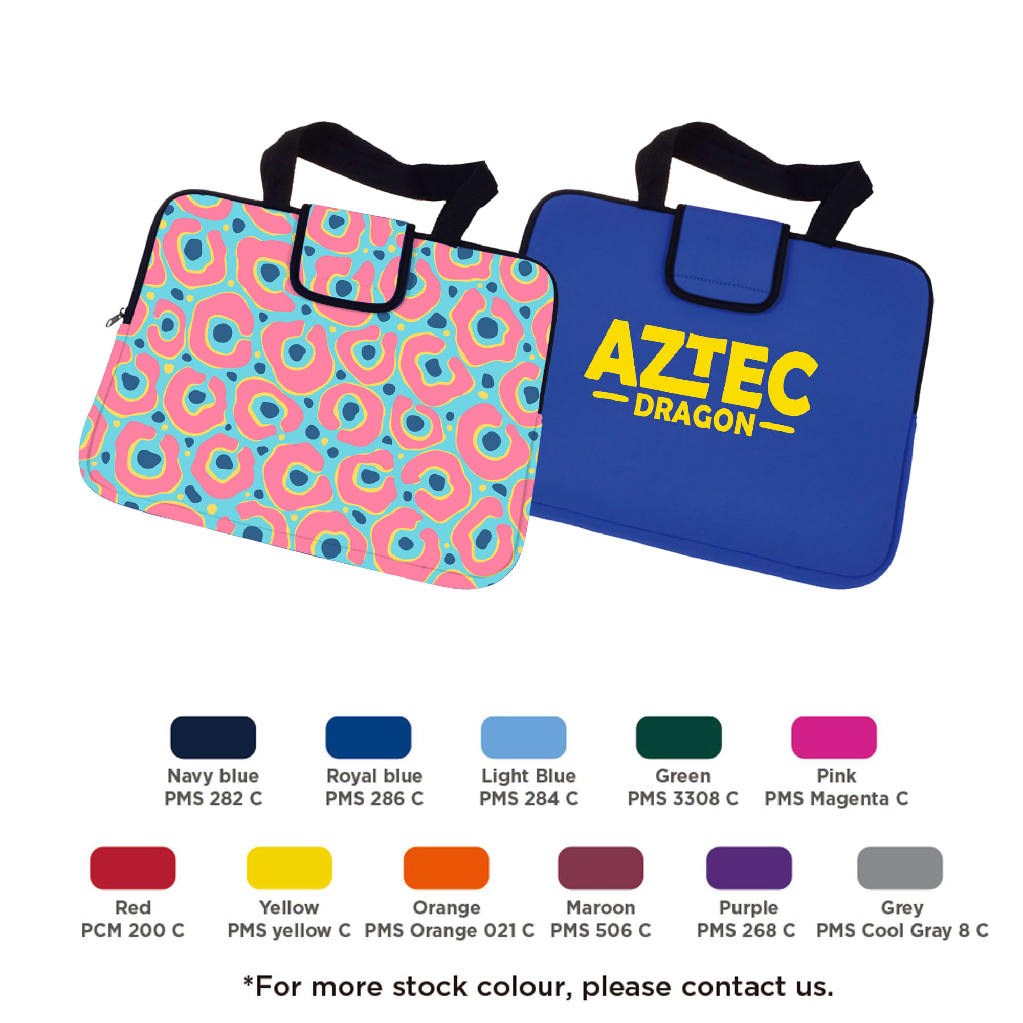 A blue laptop bag with a handle, featuring a colourful, patterned design on one side and a logo on the other. Deluxe Laptop Bag - Image 1