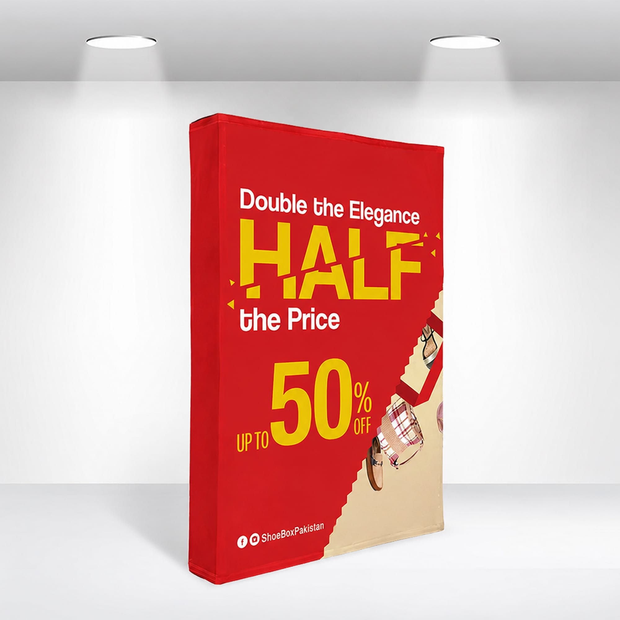 A red fabric popup display with a promotional design featuring a logo, showcasing a sale message and product images. Straight Fabric Popup Displays - Image 1