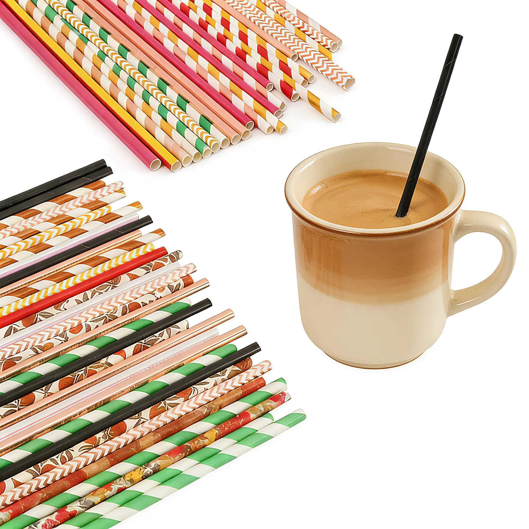A variety of colourful paper straws in different patterns alongside a cup of coffee with a black straw. Custom Disposable 4-ply Straight Drinking Paper Straw - Image 1