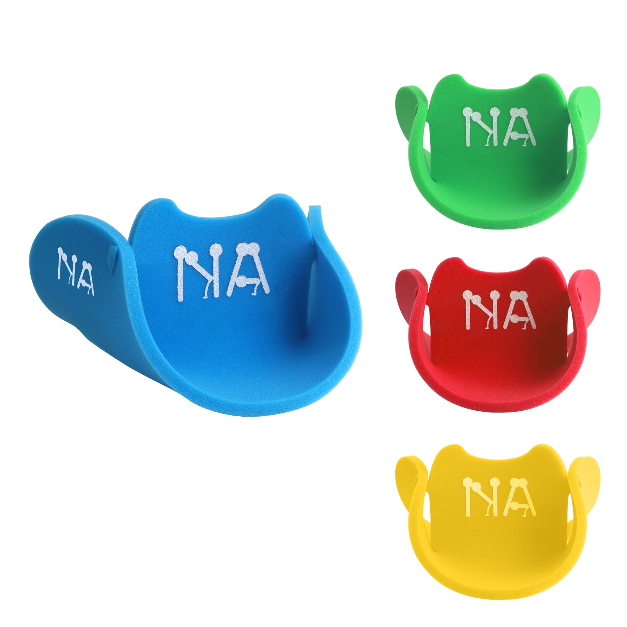 A collection of four Sponge Cow Boy Party Hats in blue, green, red, and yellow, featuring a logo on each. Sponge Cow Boy Party Hat - Image 1