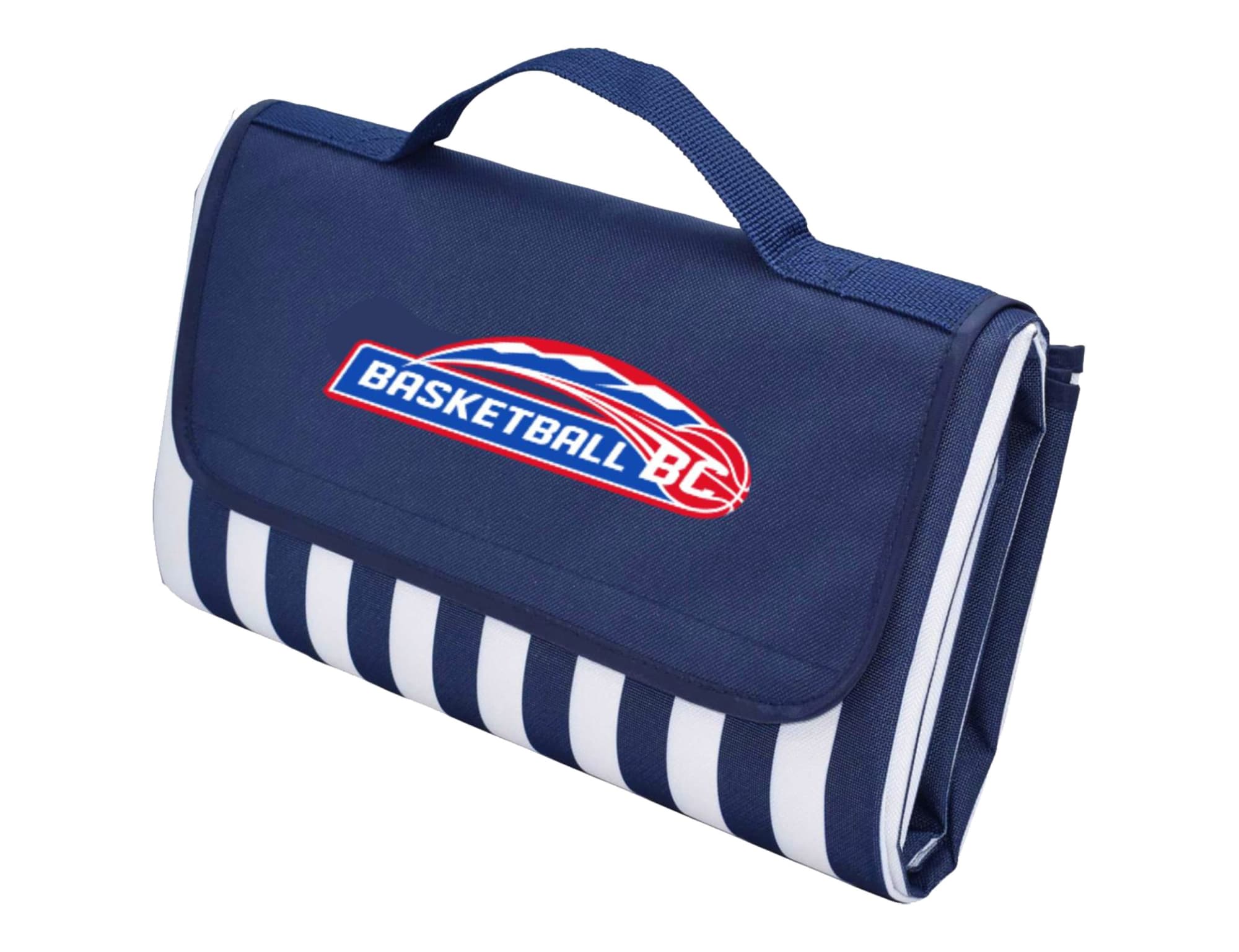 A navy picnic rug with a striped design and a branding logo, featuring a carry handle for easy transport. Ascot Picnic Rug, Navy - Extra Large - Image 1