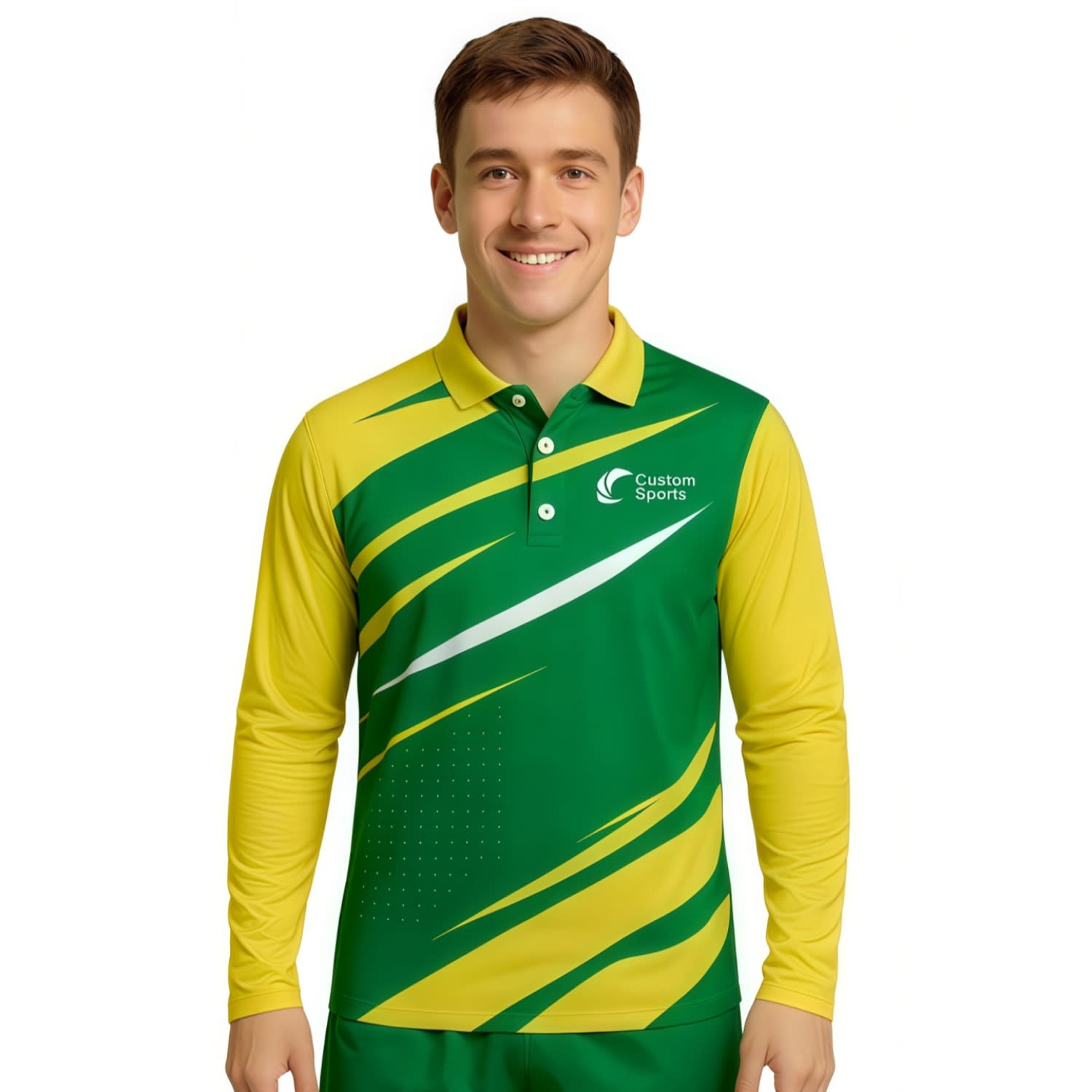 A long sleeve polo shirt in green and yellow with a modern design and a logo. 100% Poly Micro Mesh Sublimated Basic Long Sleeves POLO - Image 1