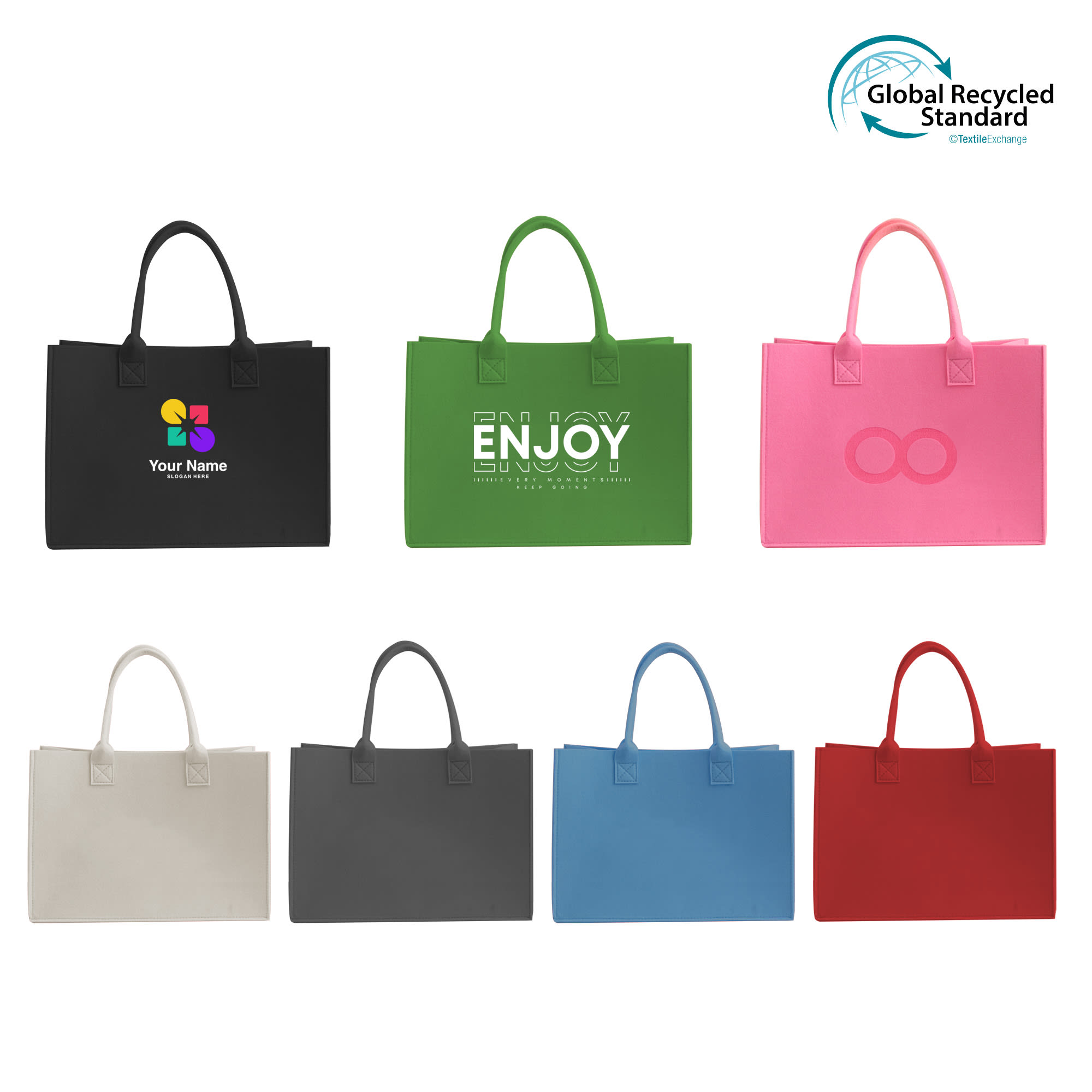 A range of customizable felt tote bags in black, green, pink, grey, blue, white, and red, showcasing a logo on some. RPET Customizable Felt Tote Bag - Image 1