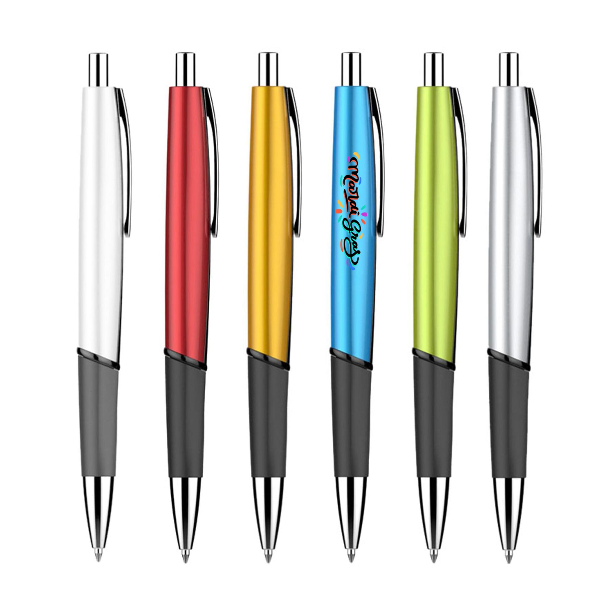 A set of six plastic pens in various colours: white, red, yellow, blue, green, and silver, featuring a logo. Rainbow Pen - Image 1