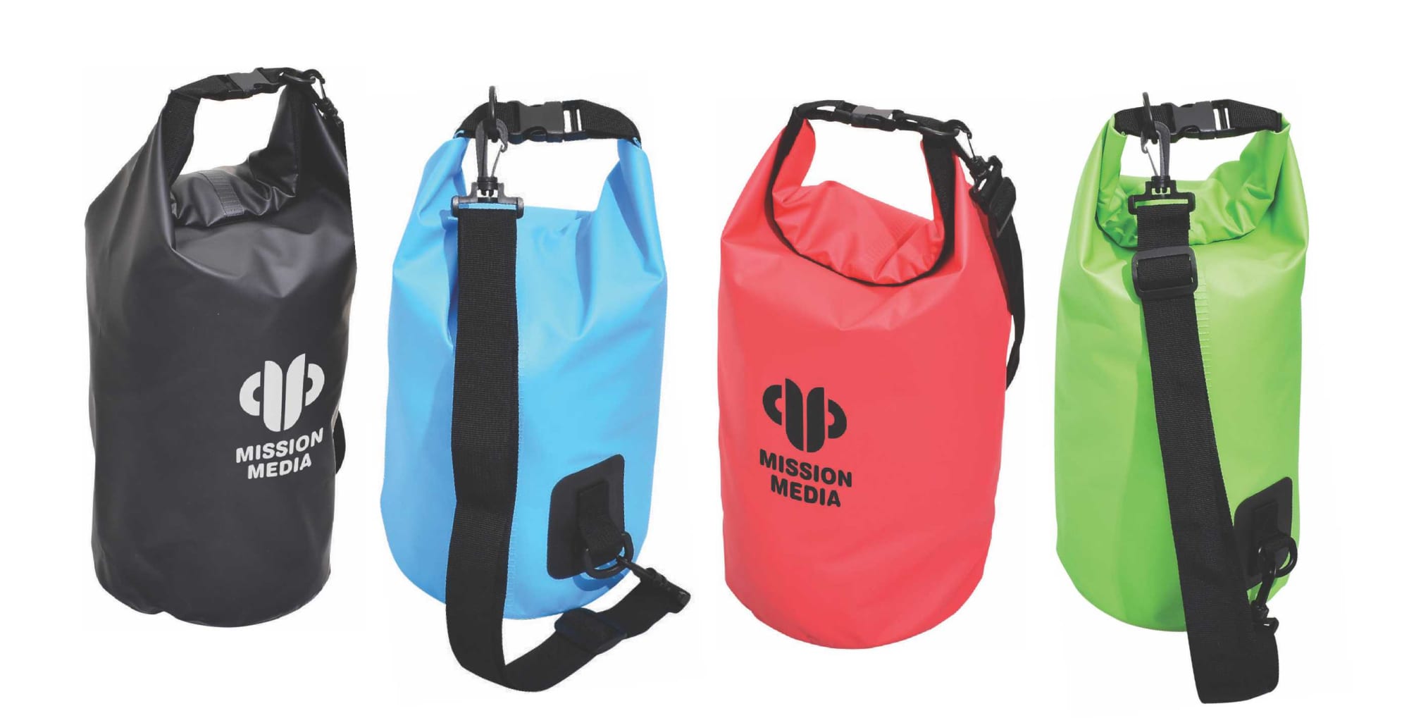 Aqua Dry Bags in black, red, blue, and green, each with a strap and branding visible. Aqua Dry Bag, 20 litre - Image 1
