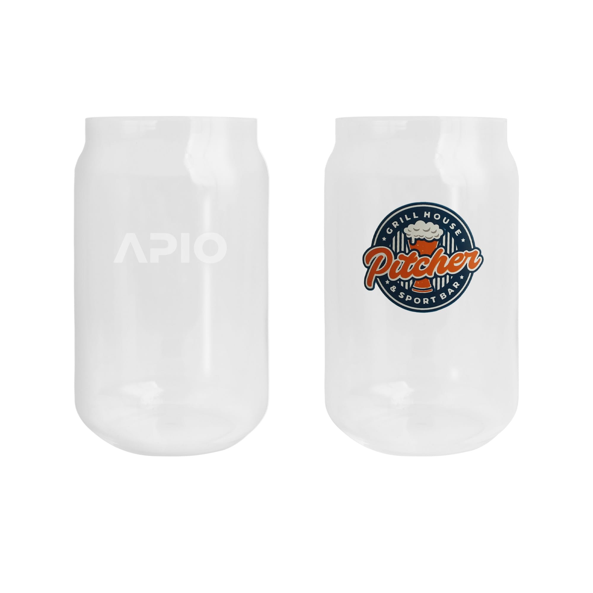A drink bottle in a can shape, featuring clear glass with a logo. The design is simple and modern. Can Shaped Glass Cup - Image 1