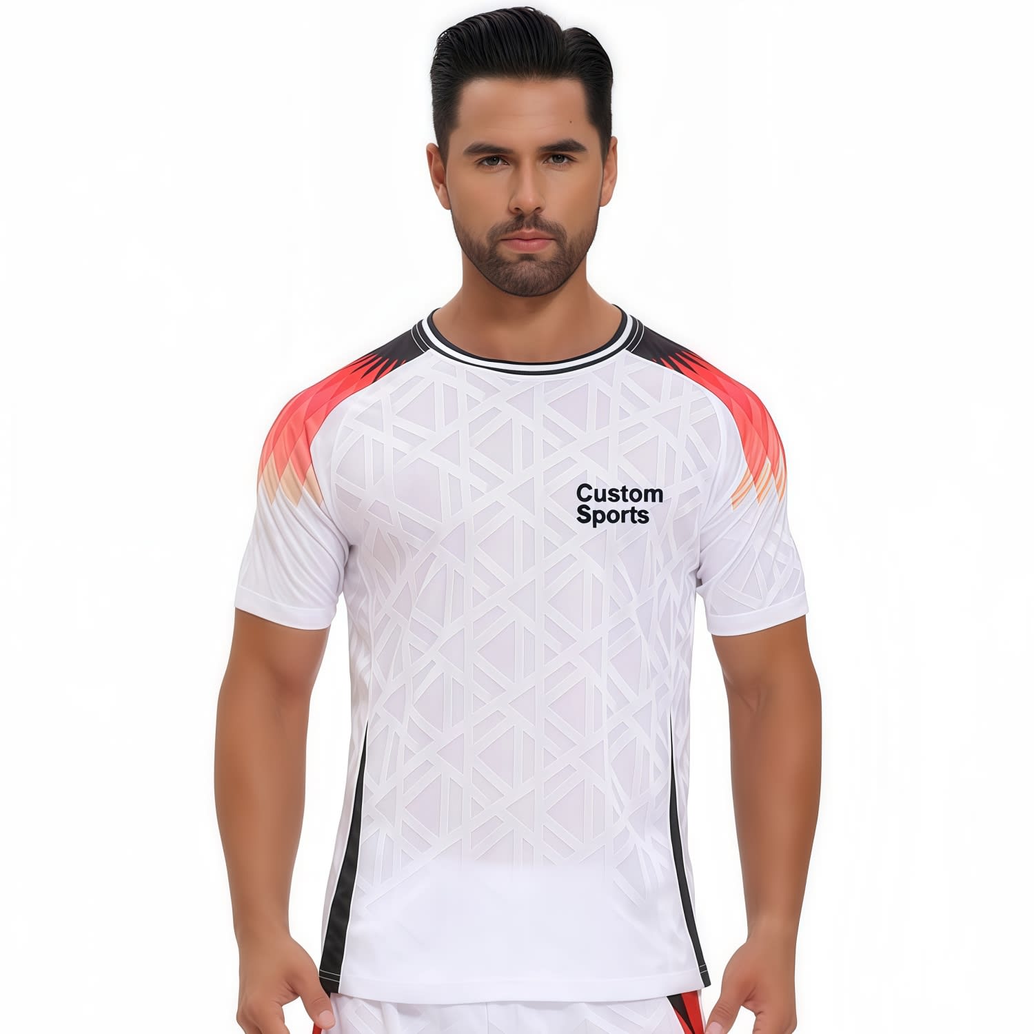 A breathable crew neck raglan T-shirt in white with orange and black accents, featuring a logo on the front. 100% Polyester Sublimated Breathable Crew Neck Raglan T-shirt - Image 1