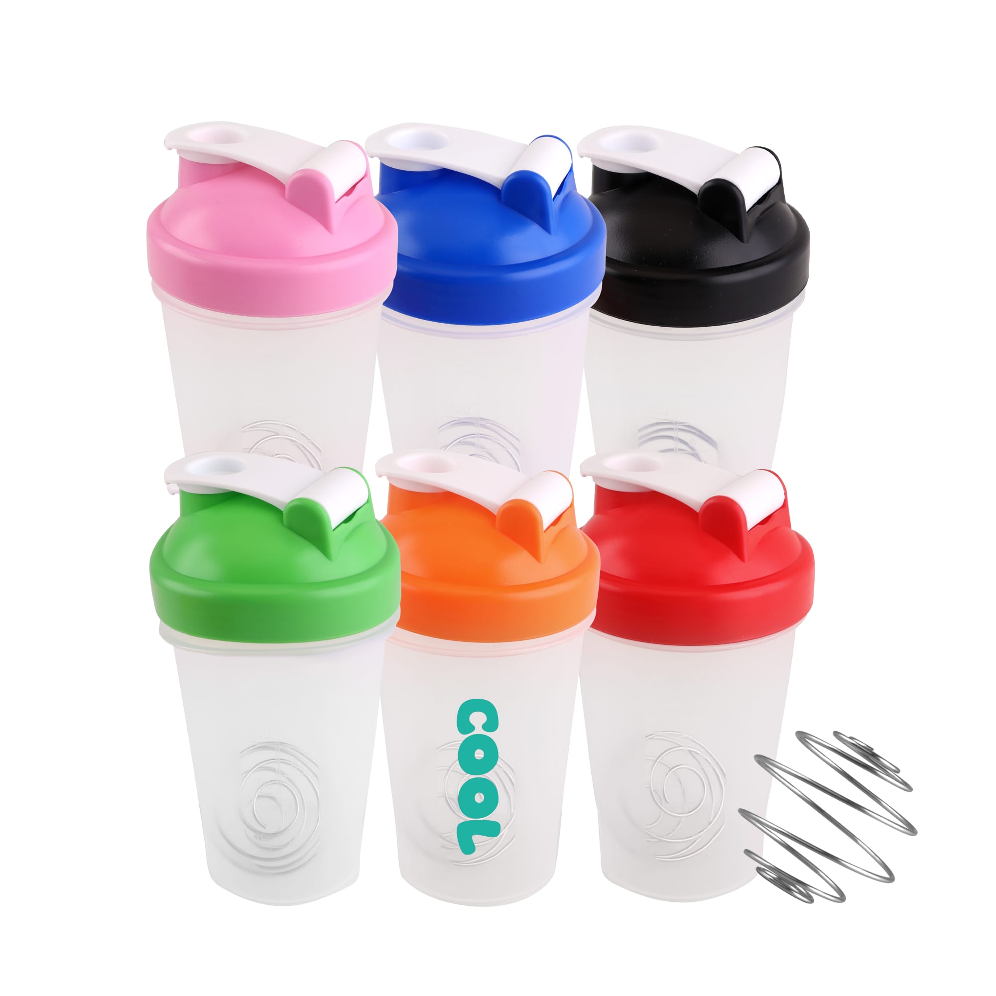 A drink bottle set featuring six BPA free fitness shaker bottles in pink, blue, black, green, orange, and red, with a metal whisk. BPA Free Fitness Shaker Bottle 400ml - Image 1
