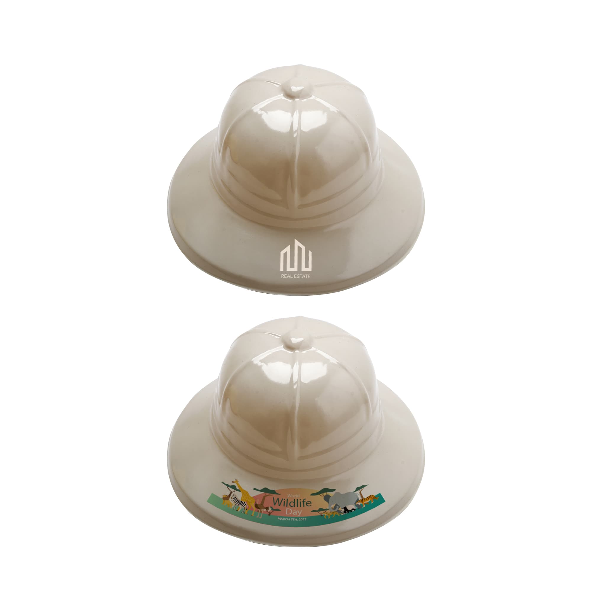 A beige PVC safari hat with a rounded crown and a wide brim, featuring a logo and a decorative band. PVC Safari Hat - Image 1