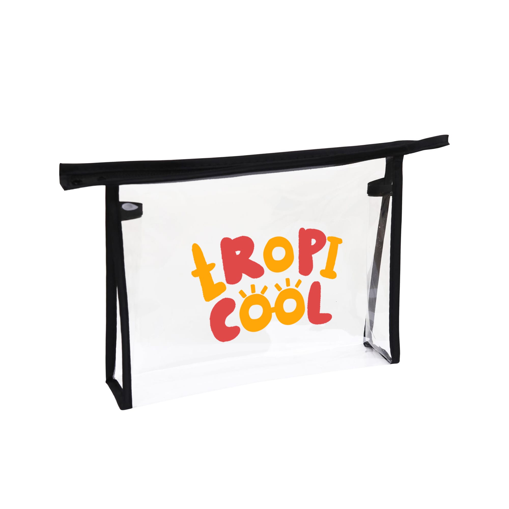 A clear PVC cosmetic bag with a black trim and a colourful "TROPI COOL" design. It features a zip closure. PVC Cosmetic Bag - Image 1