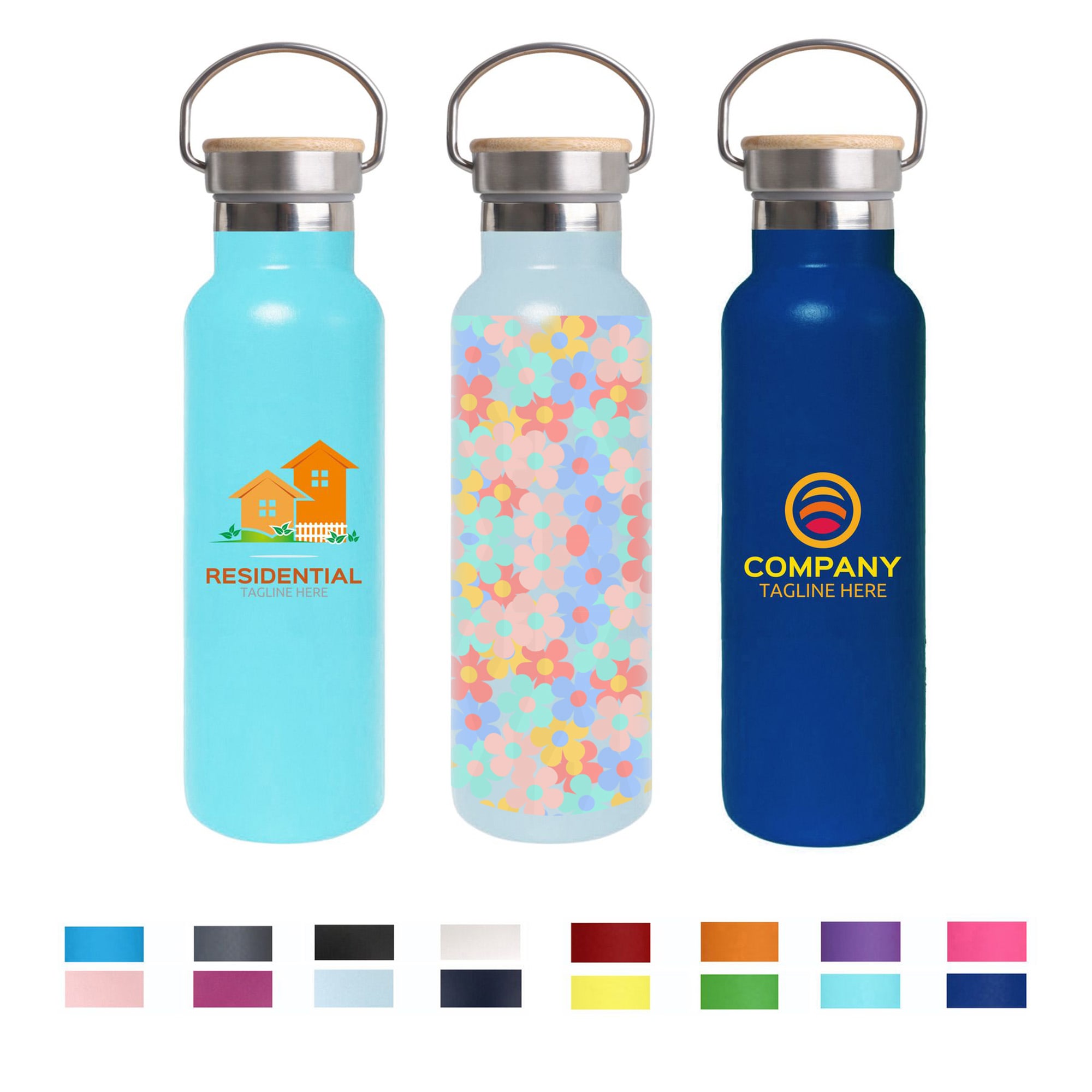 A drink bottle set featuring three 600ml vacuum bottles in blue, floral, and navy designs, with stainless steel lids and branding. 600ml Double Wall Vacuum Bottle with Bamboo Lid - Image 1