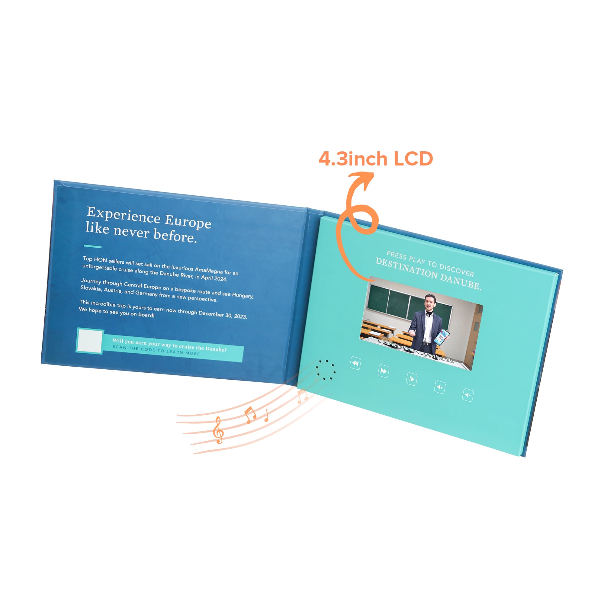 A 4.3-inch LCD video brochure features a blue and teal design, including a play button and sound symbol. 4.3inch LCD Video Brochure - Image 1