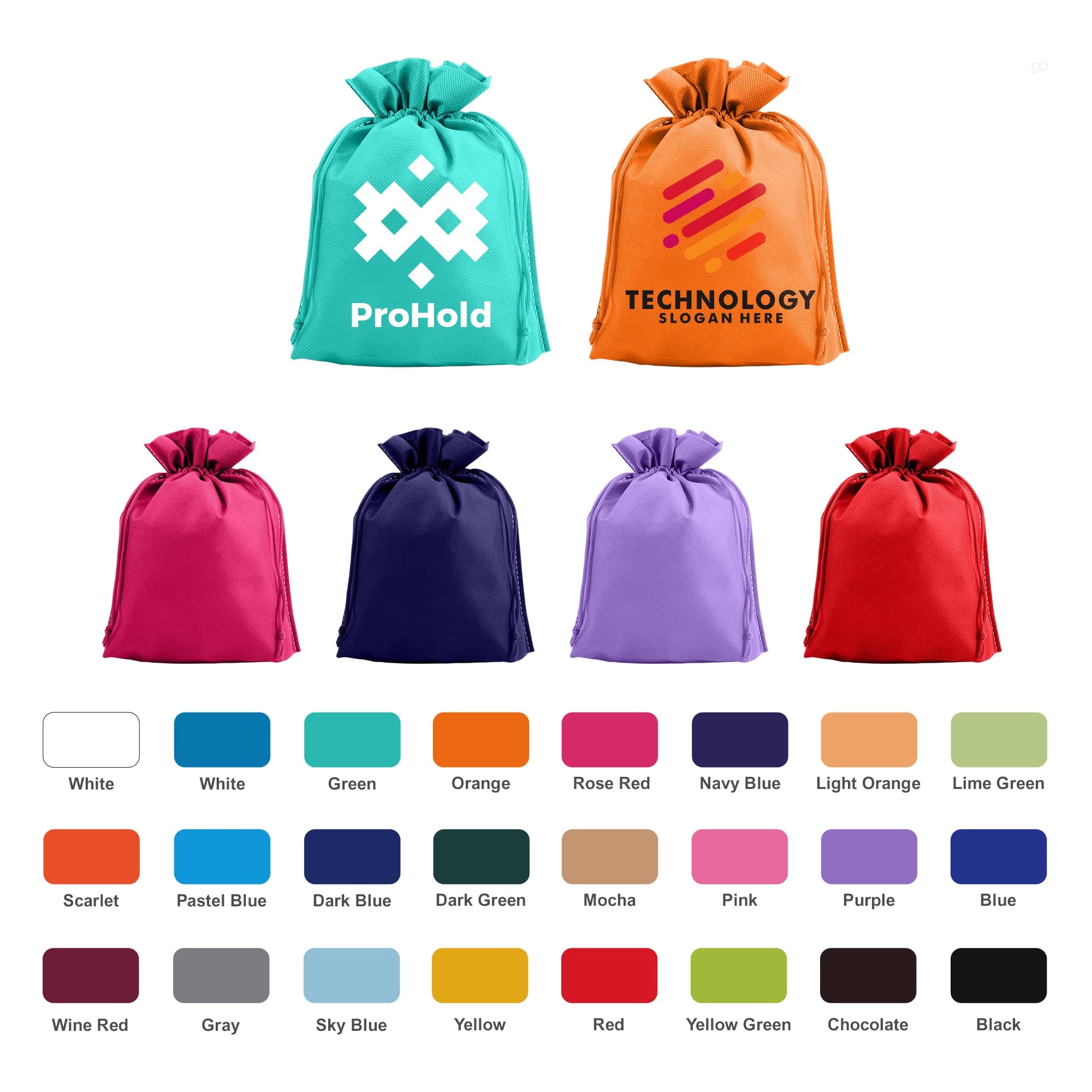 A collection of non-woven drawstring bags in various colours, including teal, orange, pink, purple, and more. Non-Woven Drawstring Bag - Image 1