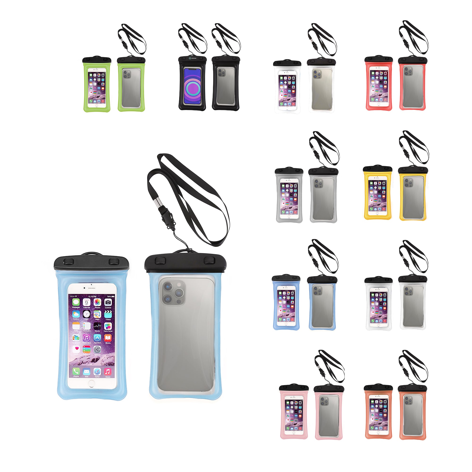 A collection of waterproof cellphone dry bags in various colours, featuring transparent fronts and adjustable straps. Waterproof Case Universal Cellphone Dry Bag - Image 1