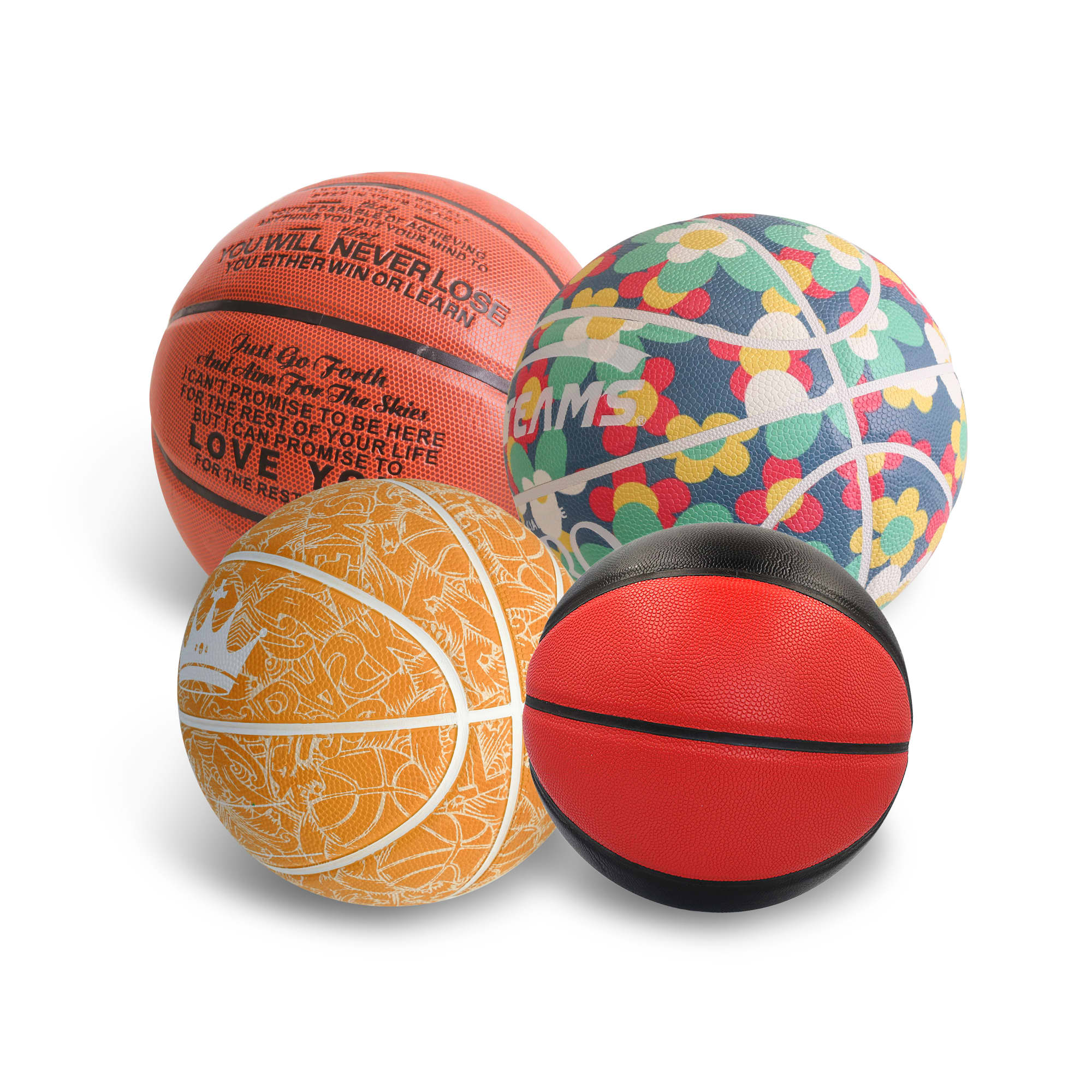 A selection of four basketballs in various colours, including orange, red, and patterned designs, featuring logos. PU Basketball - Image 1