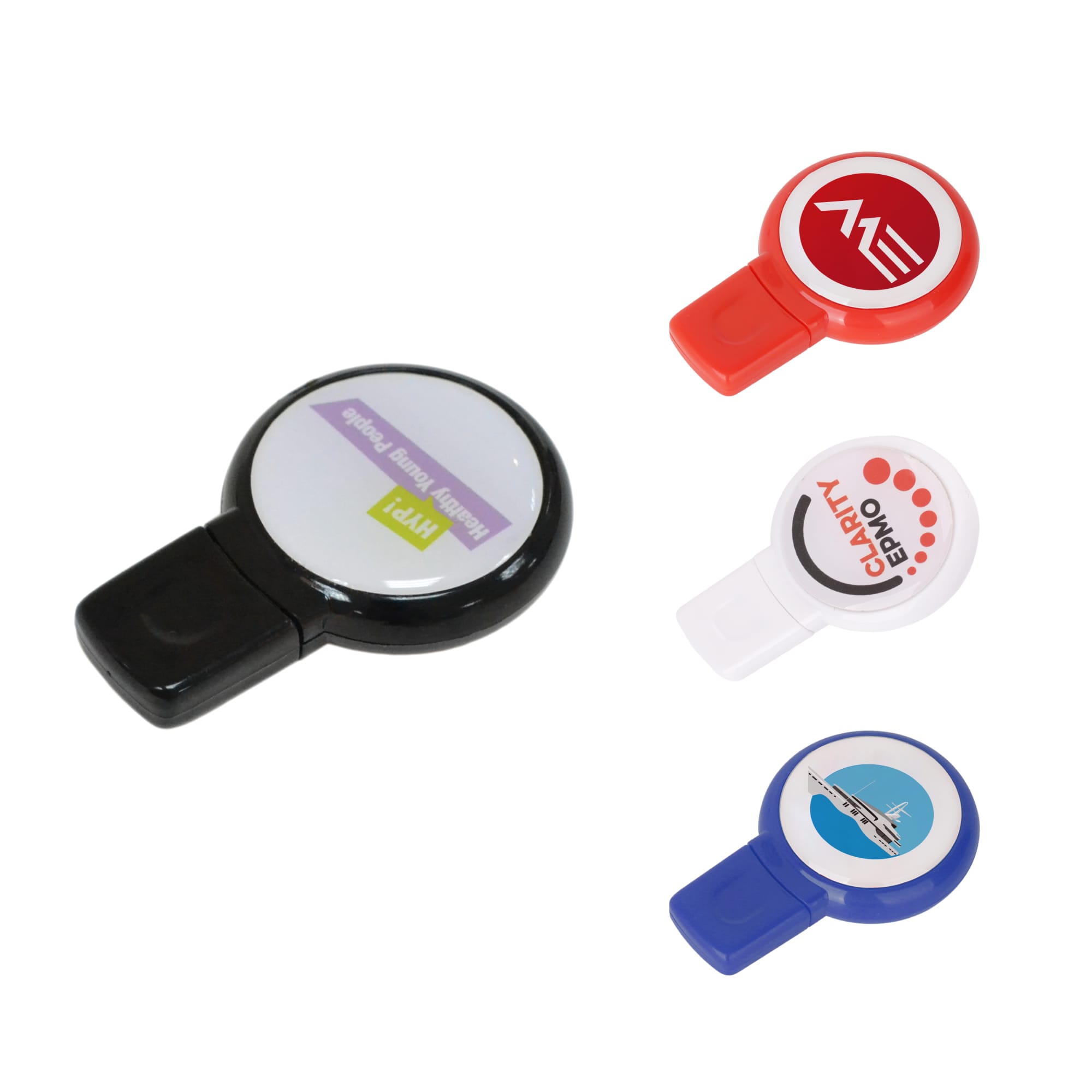 A set of round domed flash drives in black, red, white, and blue, each with a logo on the top. Round Domed Flash Drive - Image 1
