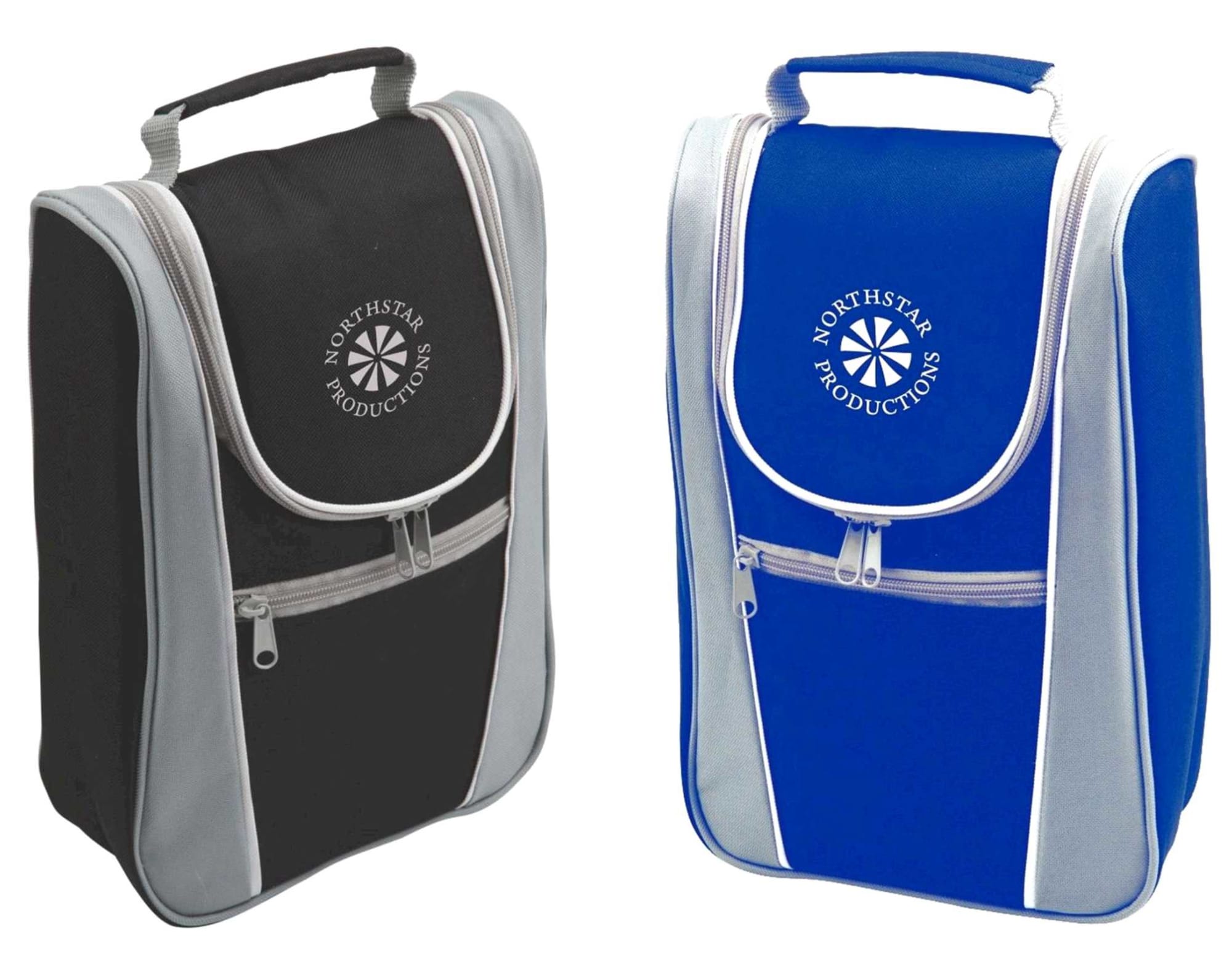 A drink bottle cooler bag in black and blue, featuring a logo, with a zippered front pocket and handle. Napa Valley 2 Bottle Cooler - Image 1
